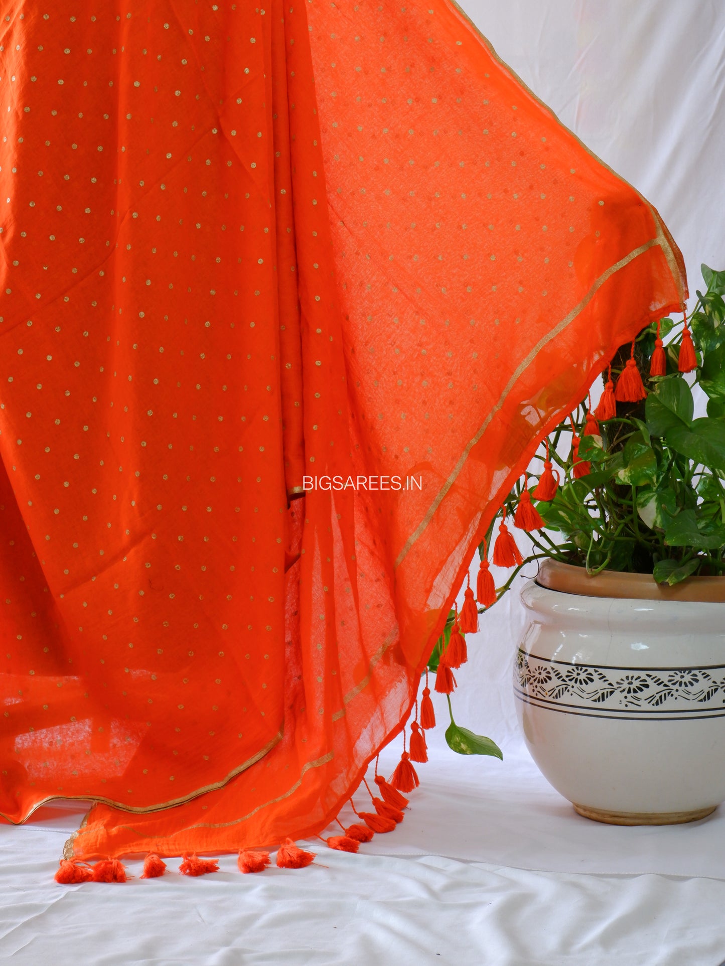 Polka Dot Saree With Blouse | Mul Cotton | Orange