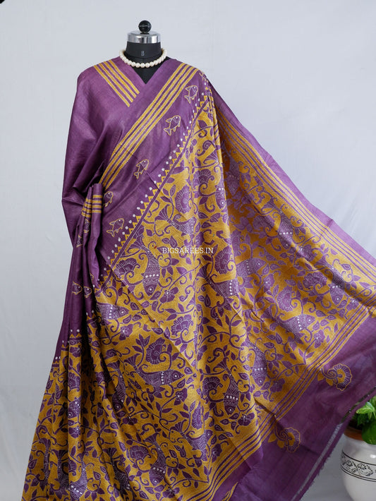 Kantha Stitch Hand Embroidered Saree | Pure Tussar Silk | Silk Mark Certified | Violet