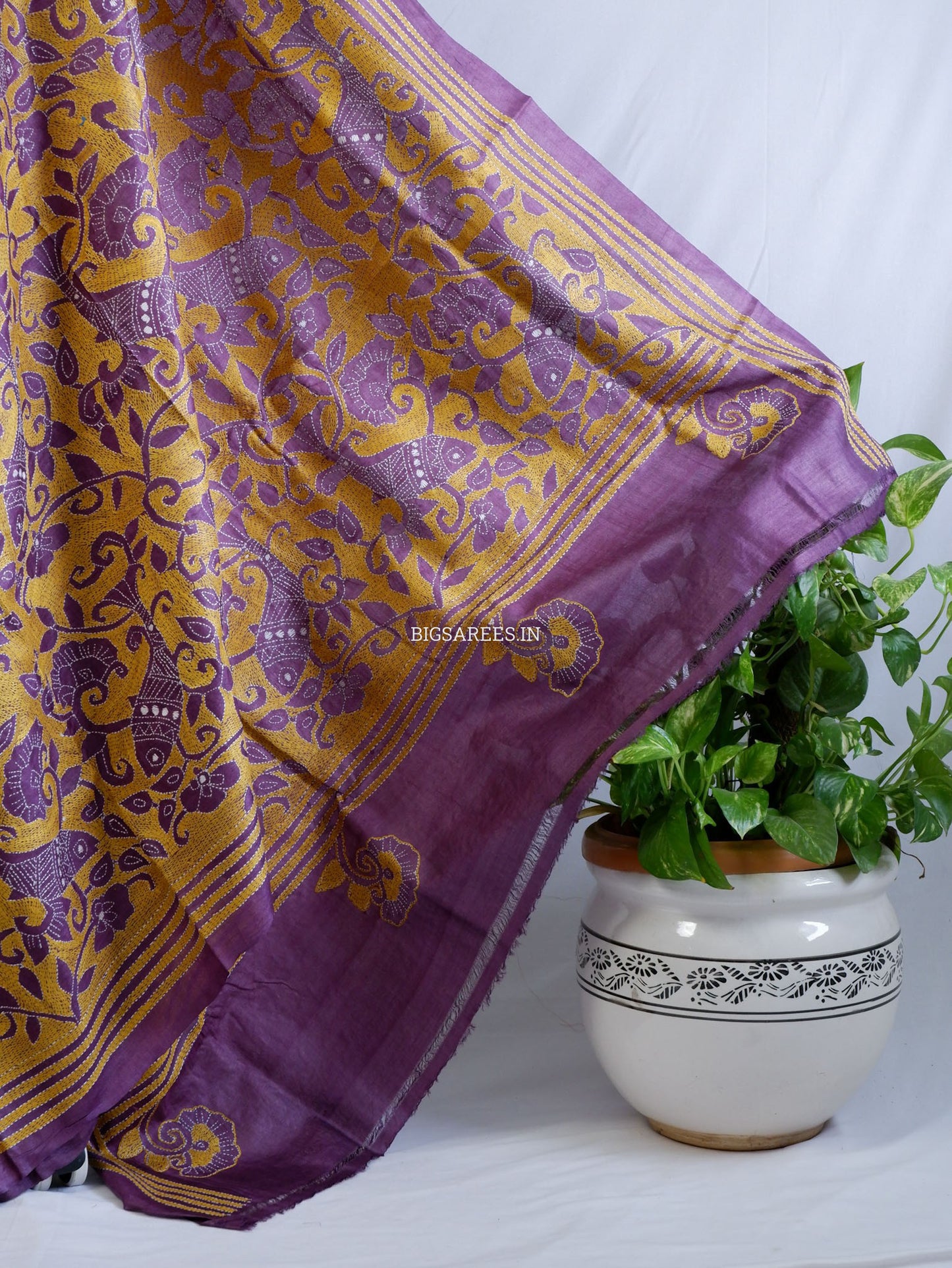 Kantha Stitch Hand Embroidered Saree | Pure Tussar Silk | Silk Mark Certified | Violet