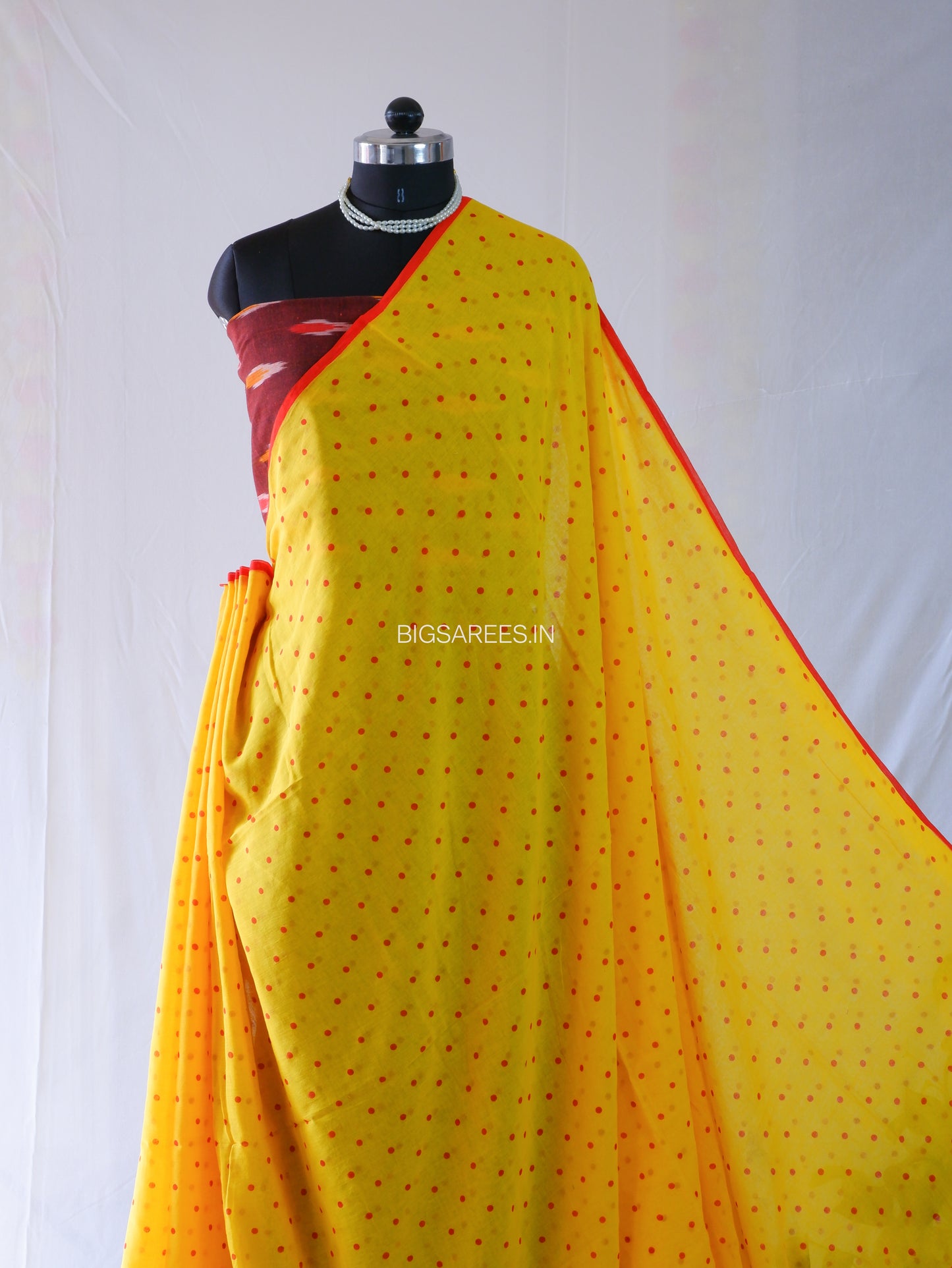 Polka Dot Saree With Blouse | Mul Cotton | Yellow