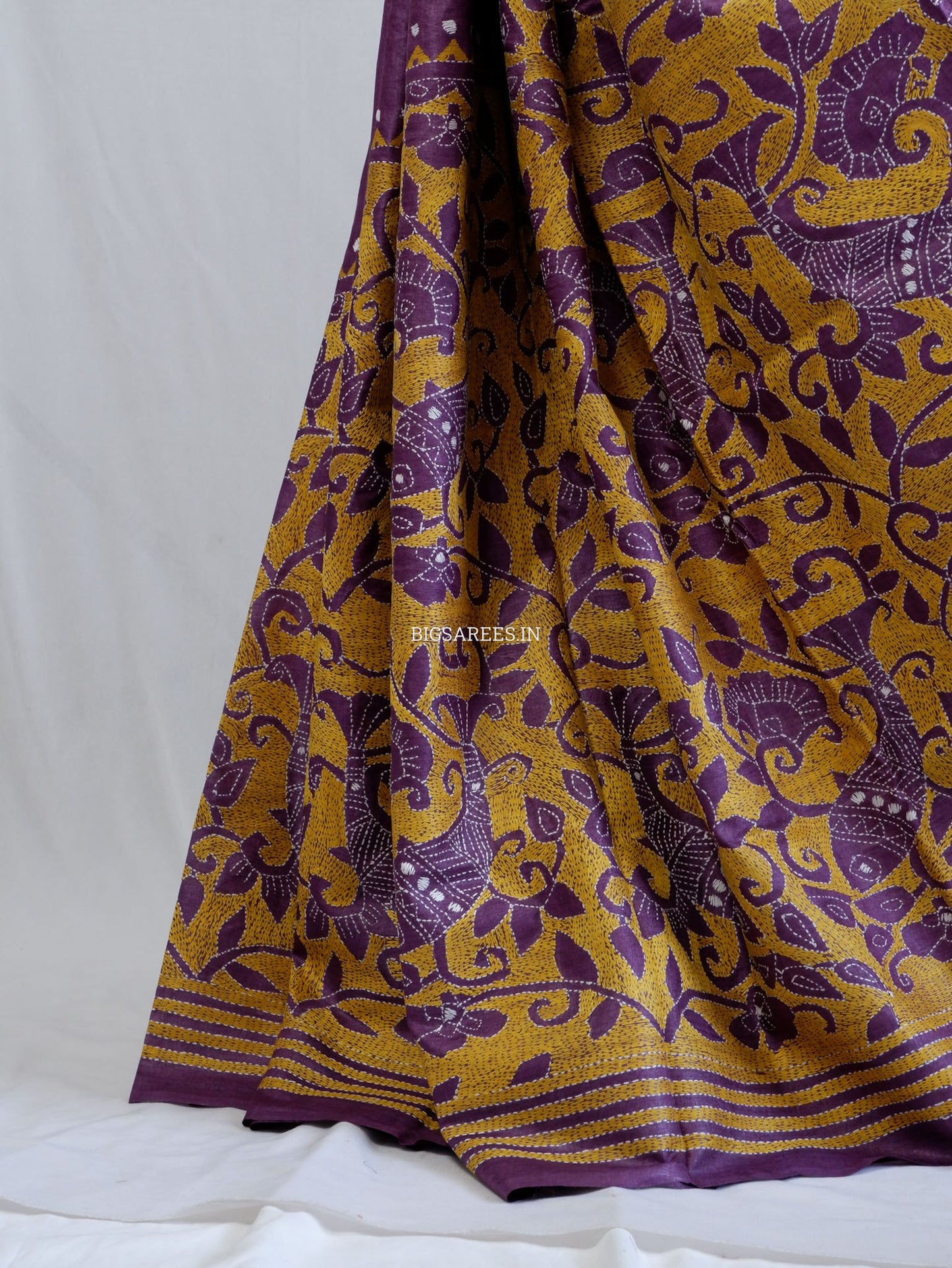 Kantha Stitch Hand Embroidered Saree | Pure Tussar Silk | Silk Mark Certified | Violet