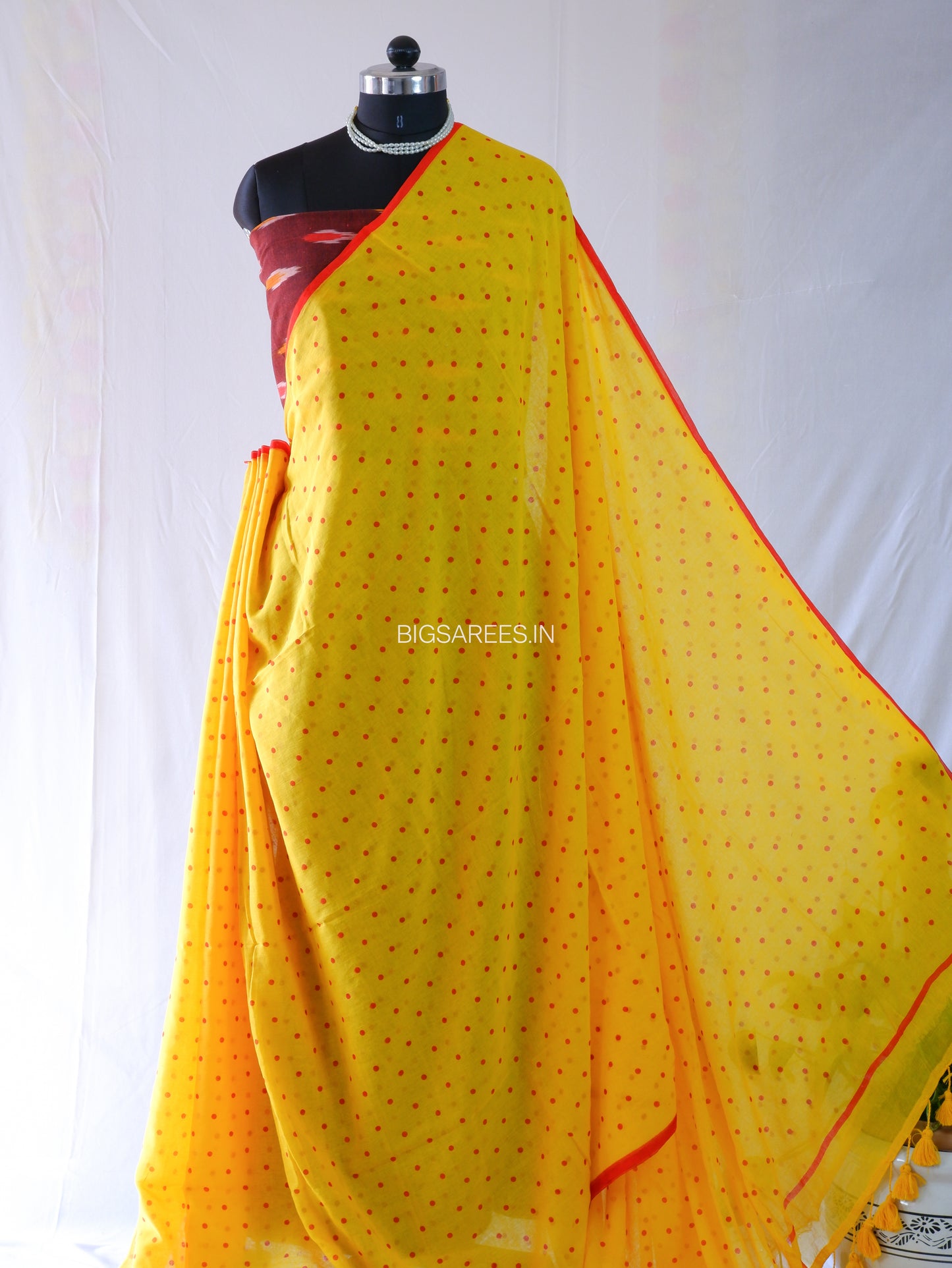 Polka Dot Saree With Blouse | Mul Cotton | Yellow
