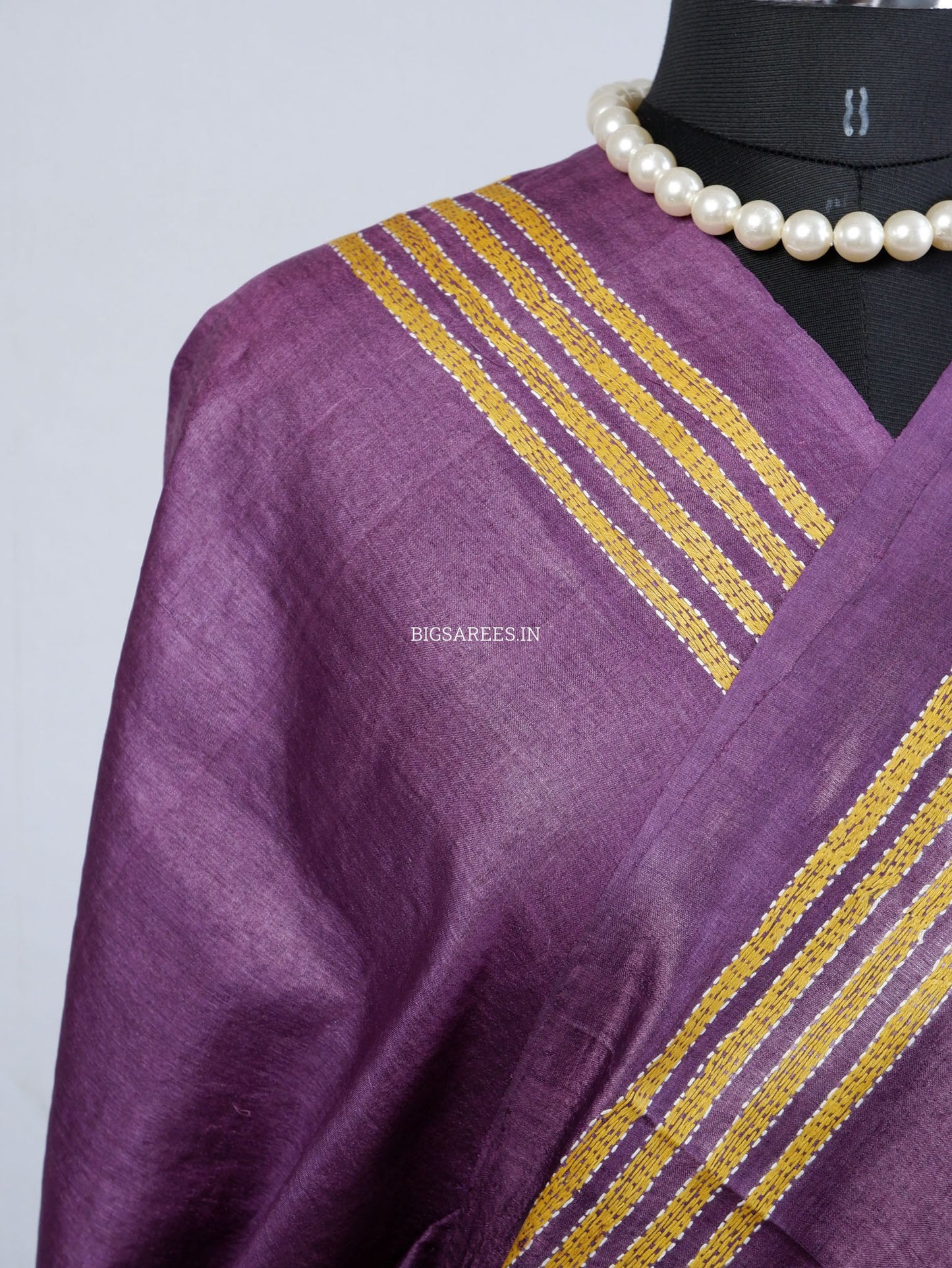 Kantha Stitch Hand Embroidered Saree | Pure Tussar Silk | Silk Mark Certified | Violet