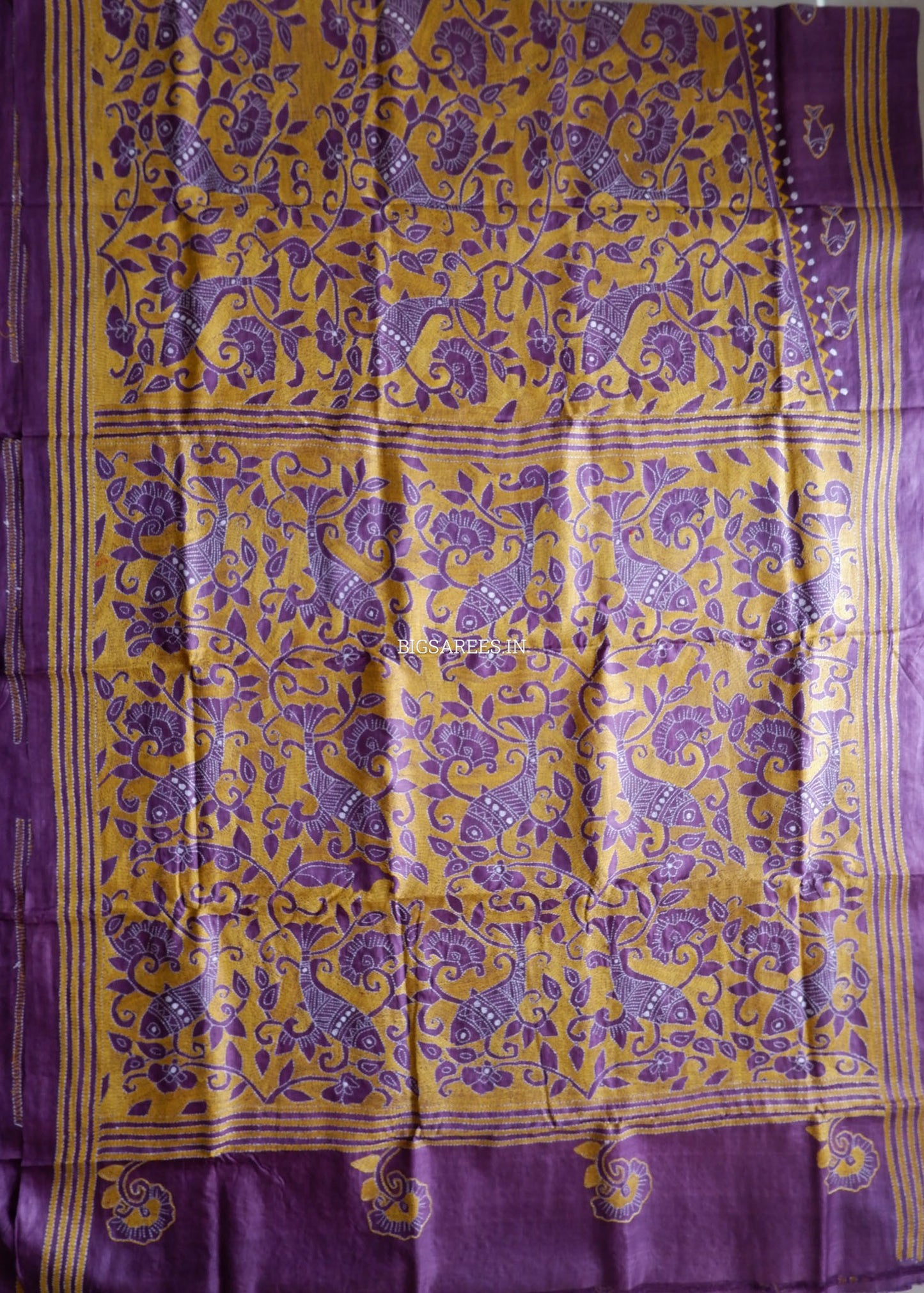 Kantha Stitch Hand Embroidered Saree | Pure Tussar Silk | Silk Mark Certified | Violet