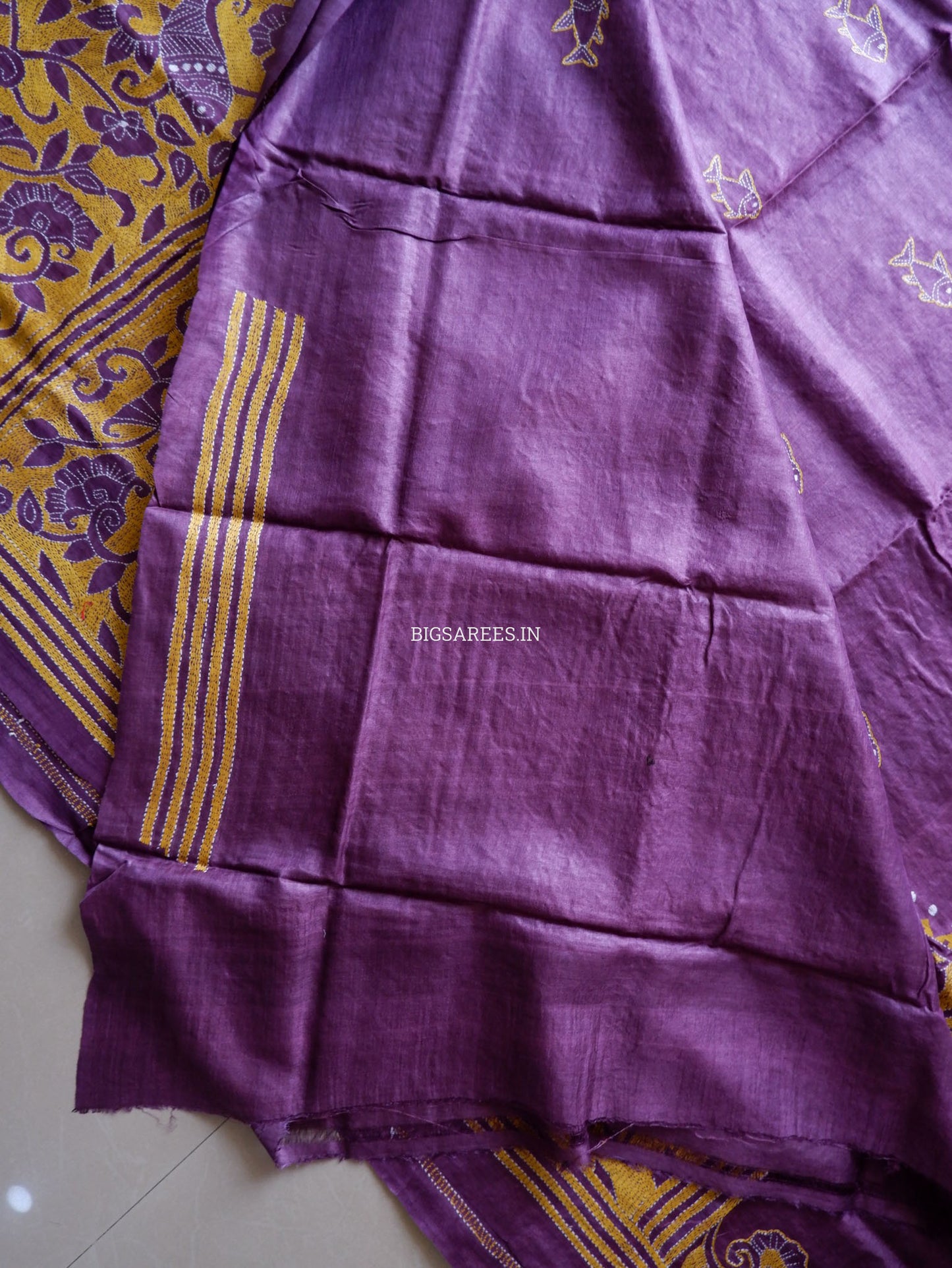 Kantha Stitch Hand Embroidered Saree | Pure Tussar Silk | Silk Mark Certified | Violet