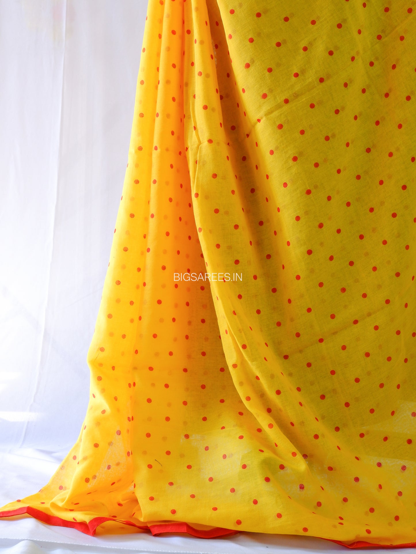 Polka Dot Saree With Blouse | Mul Cotton | Yellow