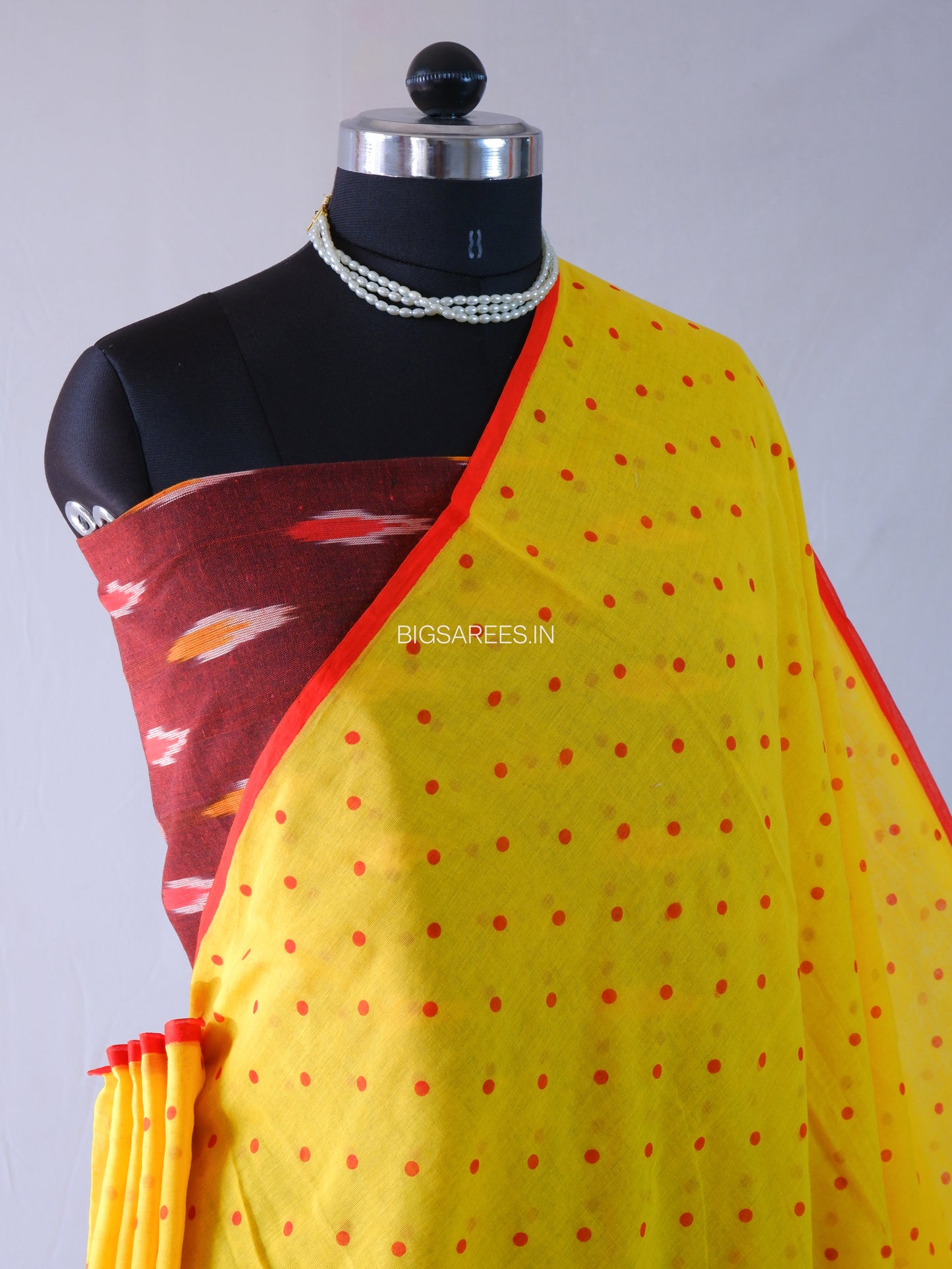 Polka Dot Saree With Blouse | Mul Cotton | Yellow