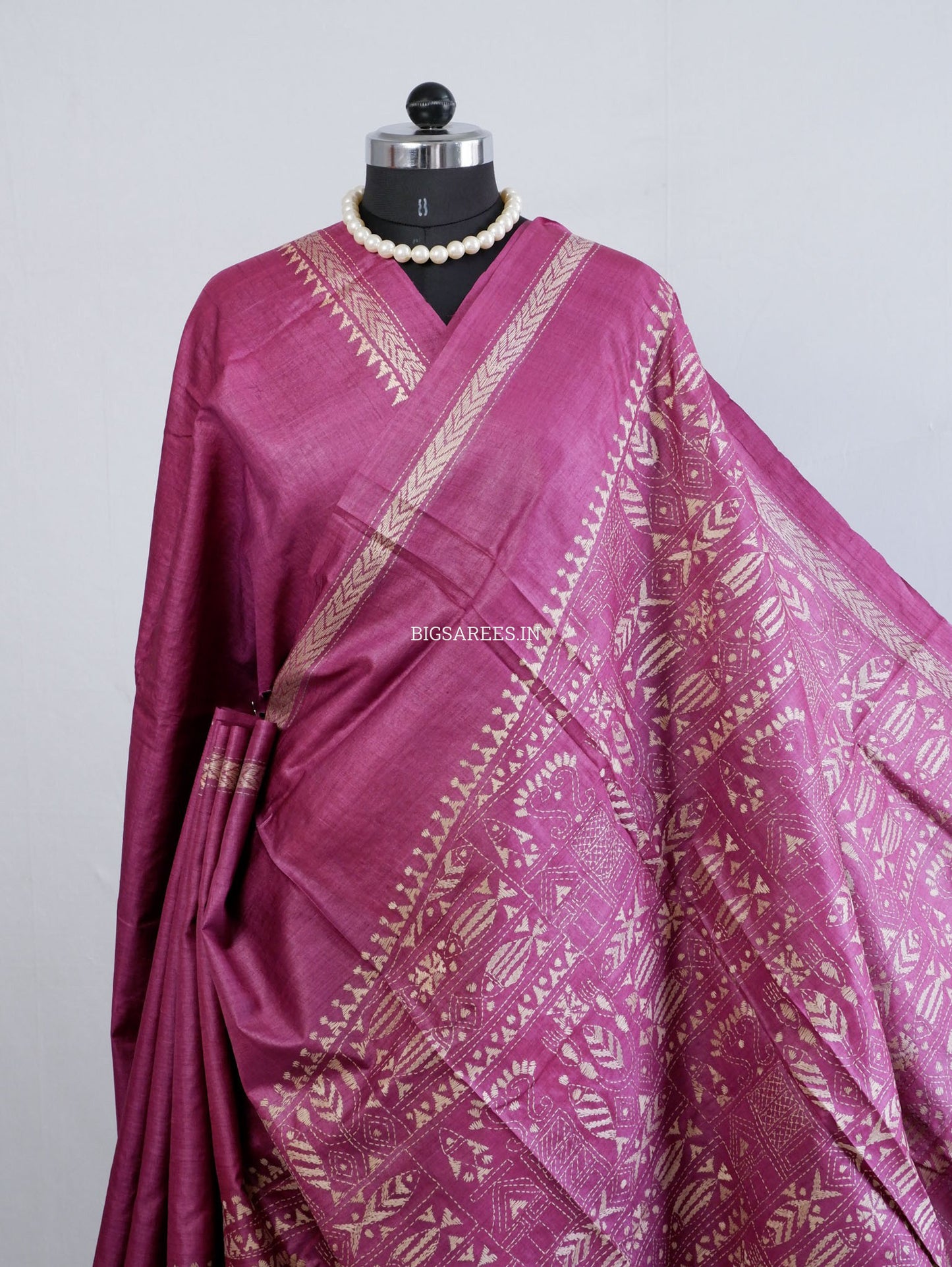 Kantha Stitch Hand Embroidered Saree | Pure Tussar Silk | Silk Mark Certified | Violet