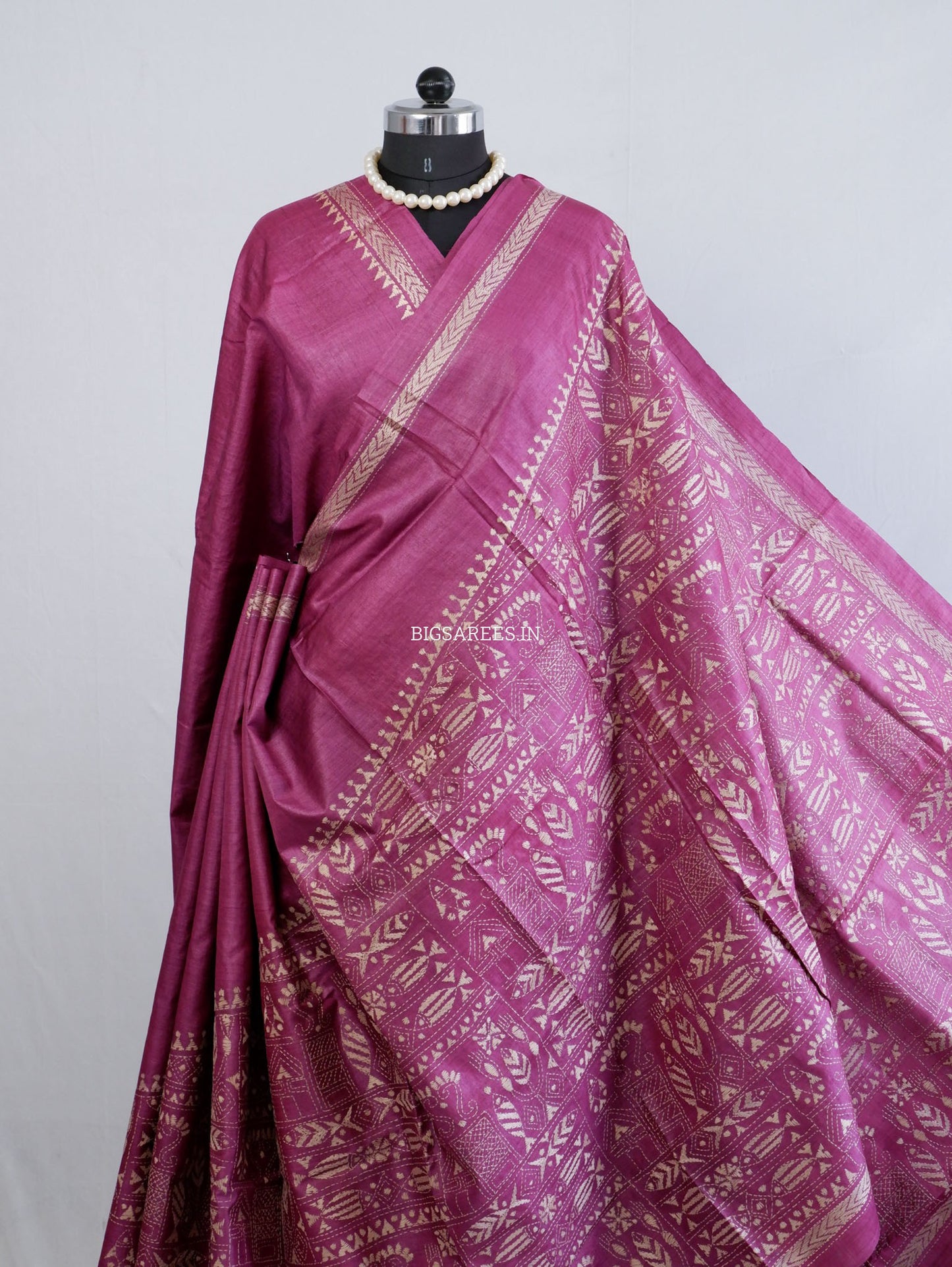 Kantha Stitch Hand Embroidered Saree | Pure Tussar Silk | Silk Mark Certified | Violet
