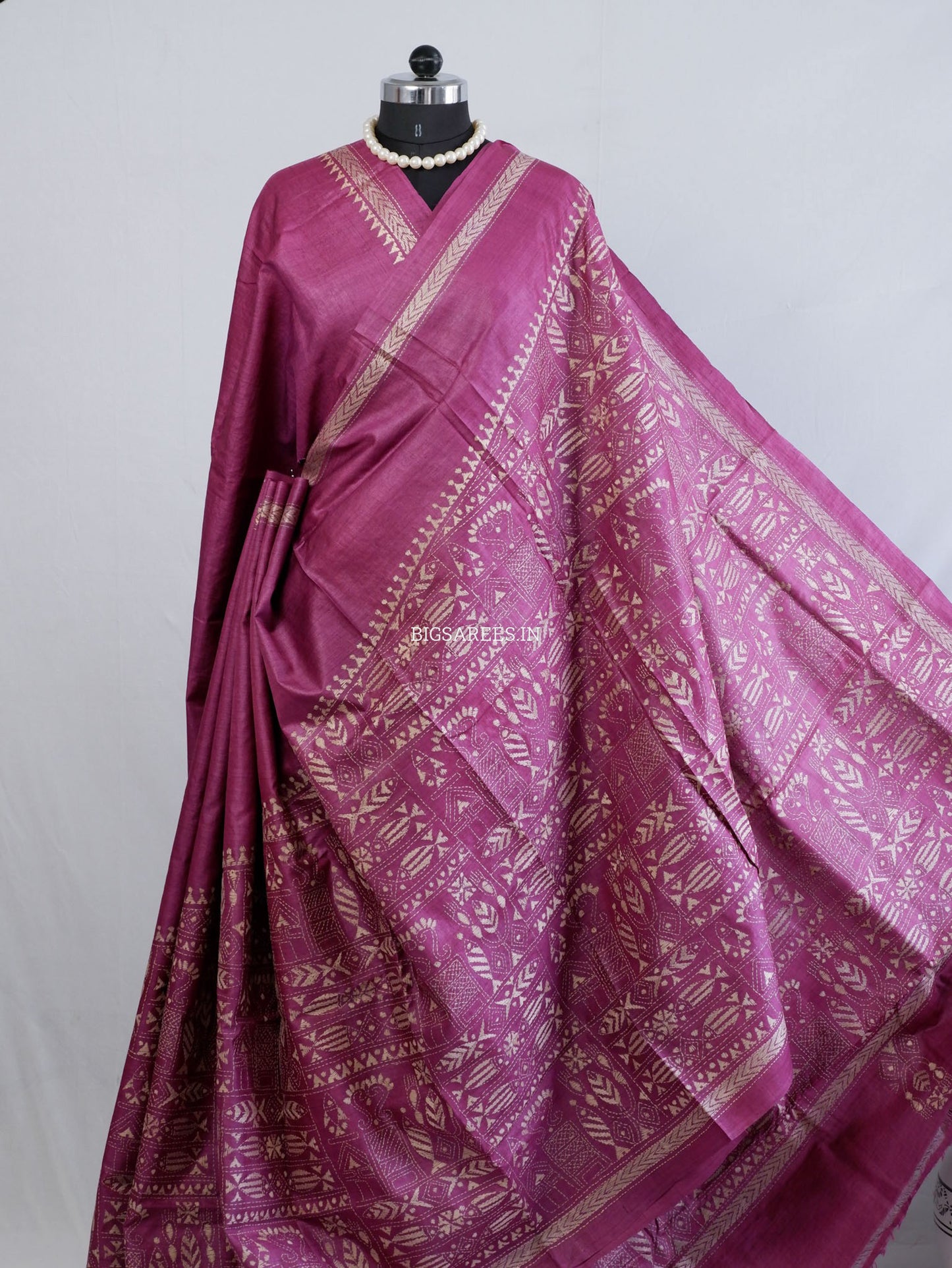 Kantha Stitch Hand Embroidered Saree | Pure Tussar Silk | Silk Mark Certified | Violet