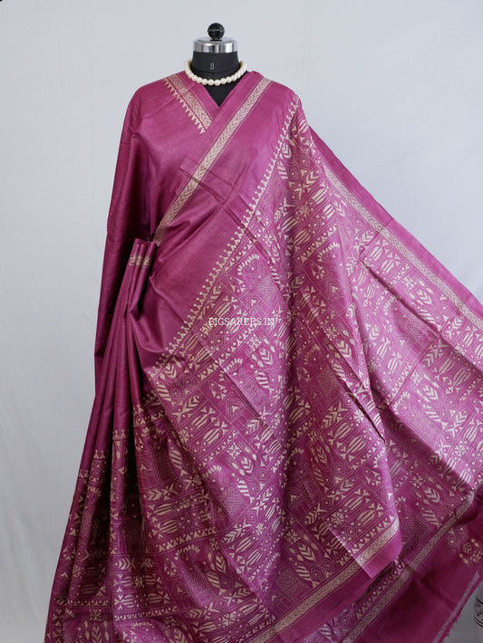 Kantha Stitch Hand Embroidered Saree | Pure Tussar Silk | Silk Mark Certified | Violet