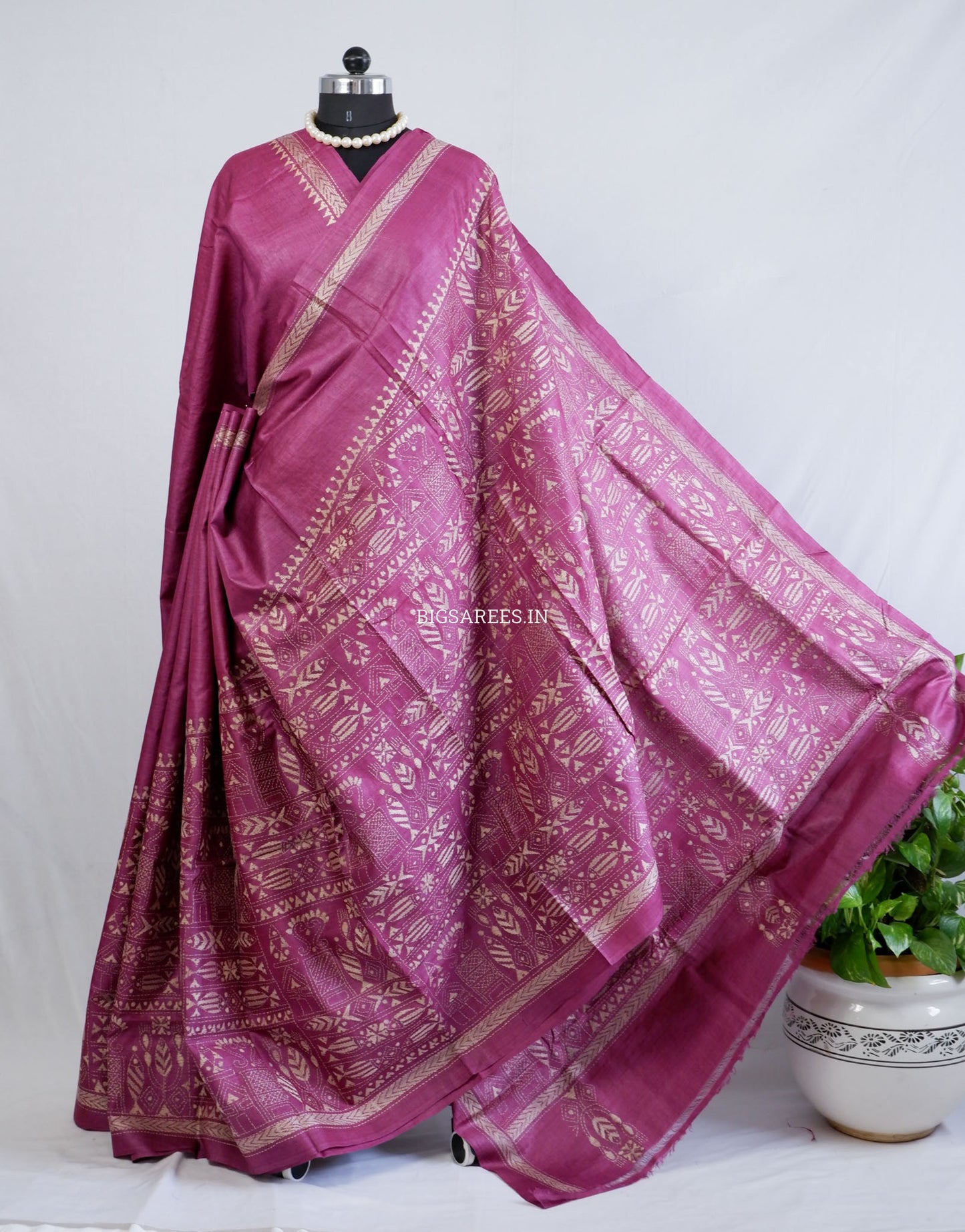 Kantha Stitch Hand Embroidered Saree | Pure Tussar Silk | Silk Mark Certified | Violet
