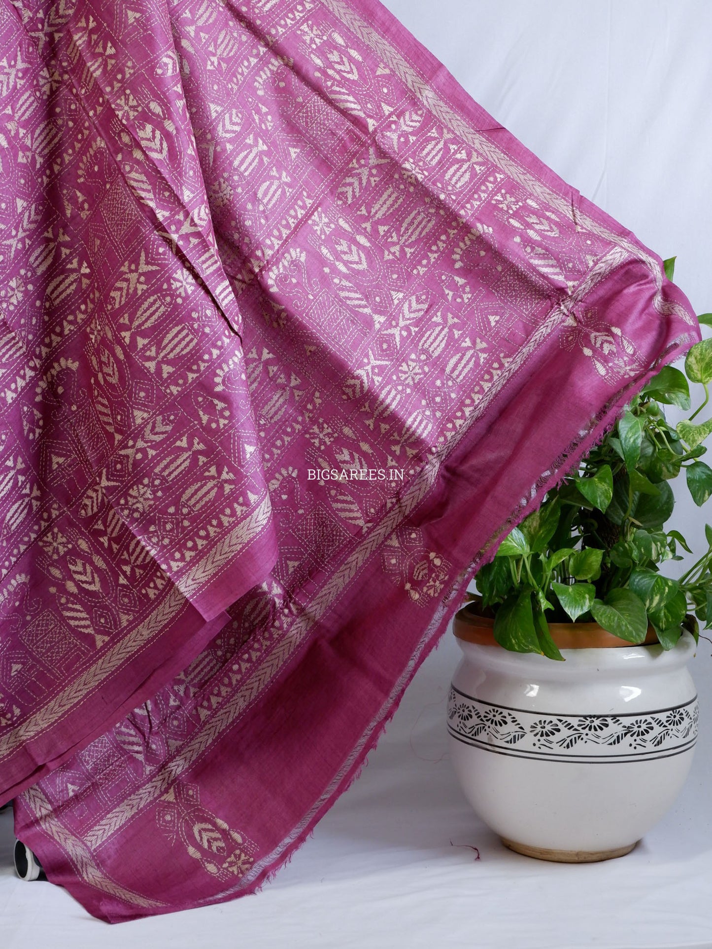 Kantha Stitch Hand Embroidered Saree | Pure Tussar Silk | Silk Mark Certified | Violet