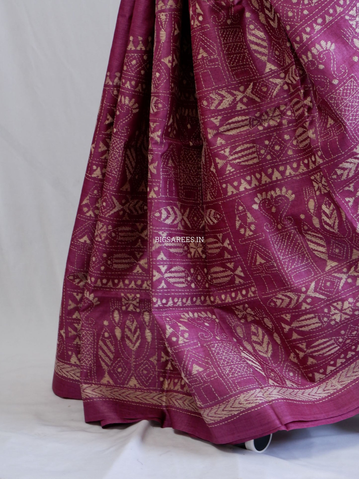 Kantha Stitch Hand Embroidered Saree | Pure Tussar Silk | Silk Mark Certified | Violet