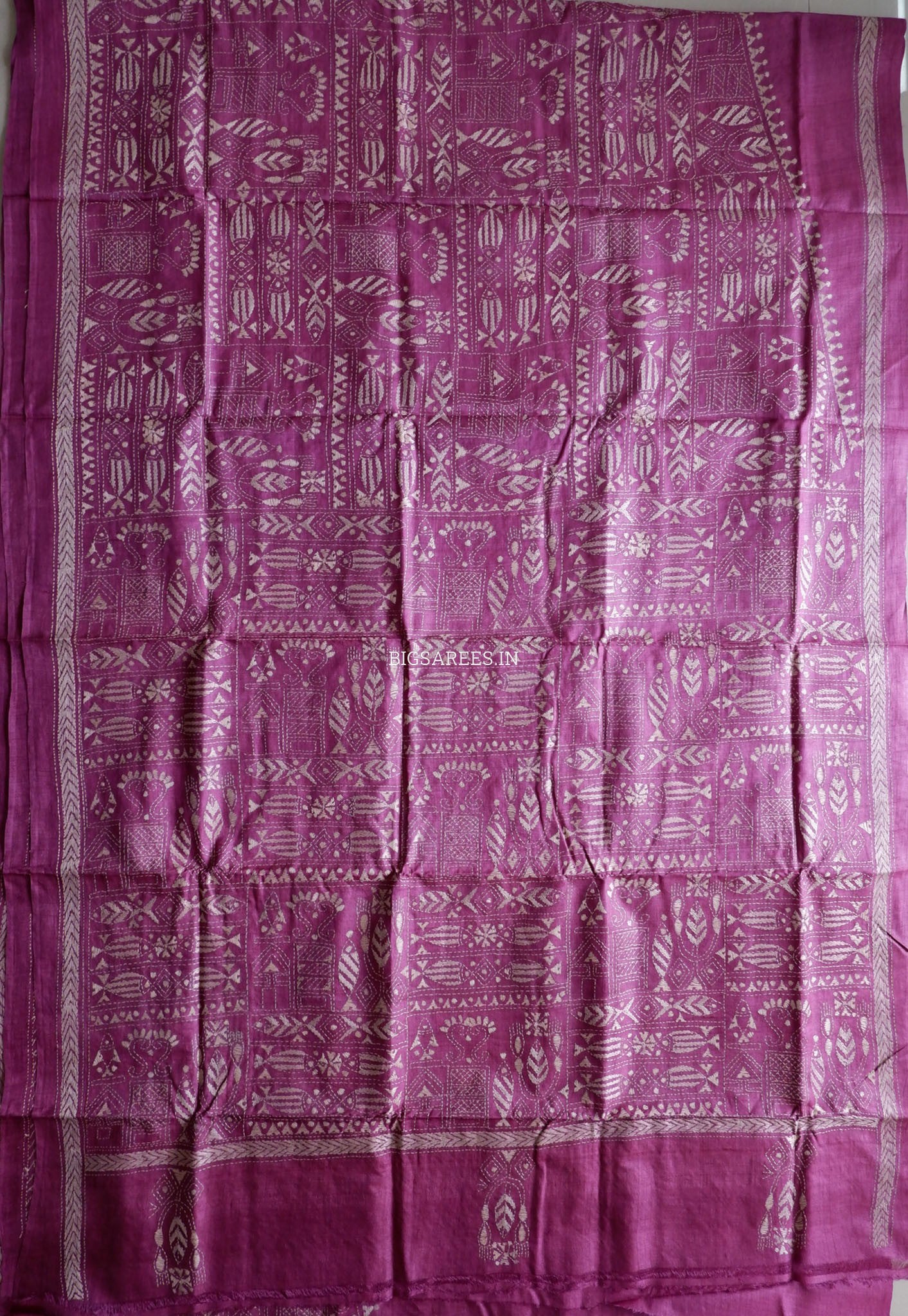 Kantha Stitch Hand Embroidered Saree | Pure Tussar Silk | Silk Mark Certified | Violet