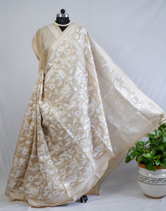 Kantha - Stitch Hand Embroidered Saree | Gachi Tussar Silk | Silk Marked | Off- White (Birds)