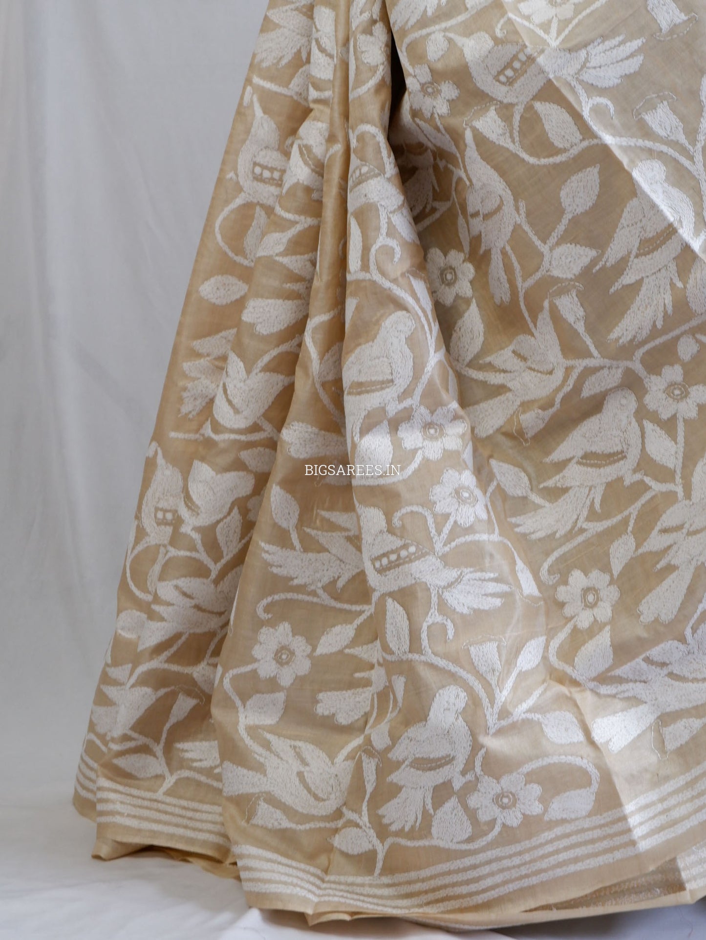 Kantha - Stitch Hand Embroidered Saree | Gachi Tussar Silk | Silk Marked | Off- White (Birds)