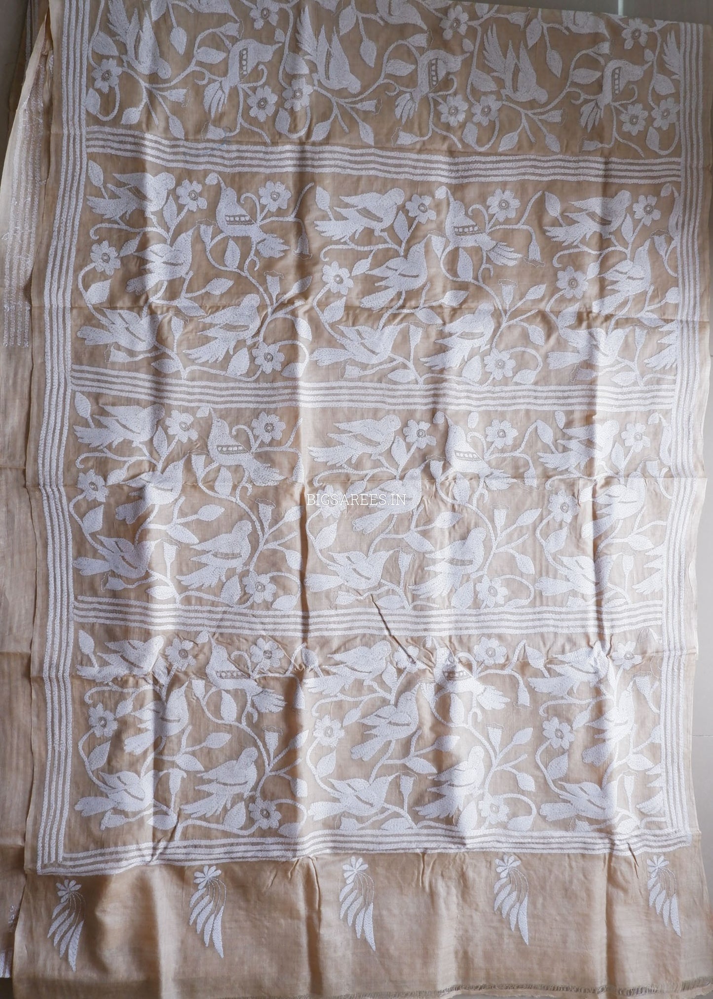 Kantha - Stitch Hand Embroidered Saree | Gachi Tussar Silk | Silk Marked | Off- White (Birds)