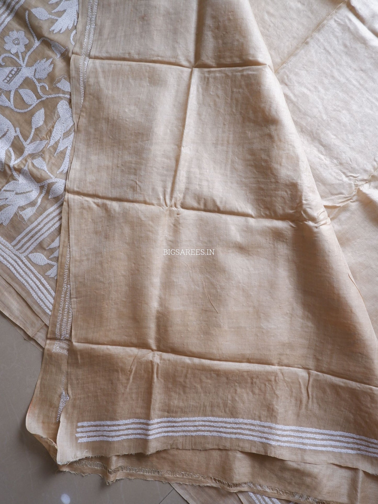 Kantha - Stitch Hand Embroidered Saree | Gachi Tussar Silk | Silk Marked | Off- White (Birds)
