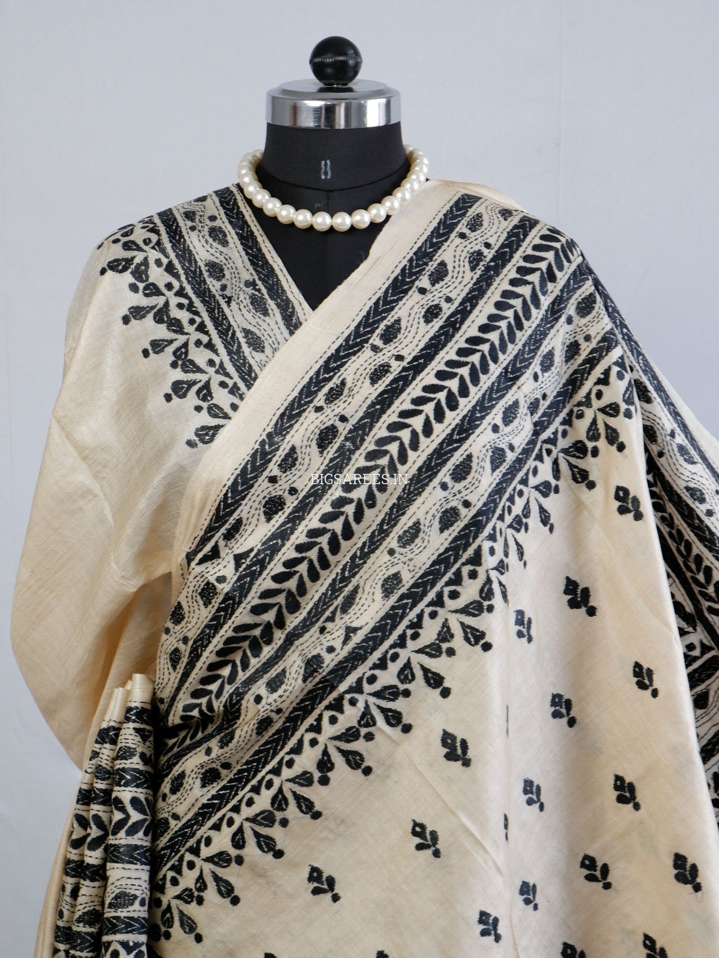 Kantha - Stitch Hand Embroidered Saree | Gachi Tussar Silk | Silk Marked | White / Black