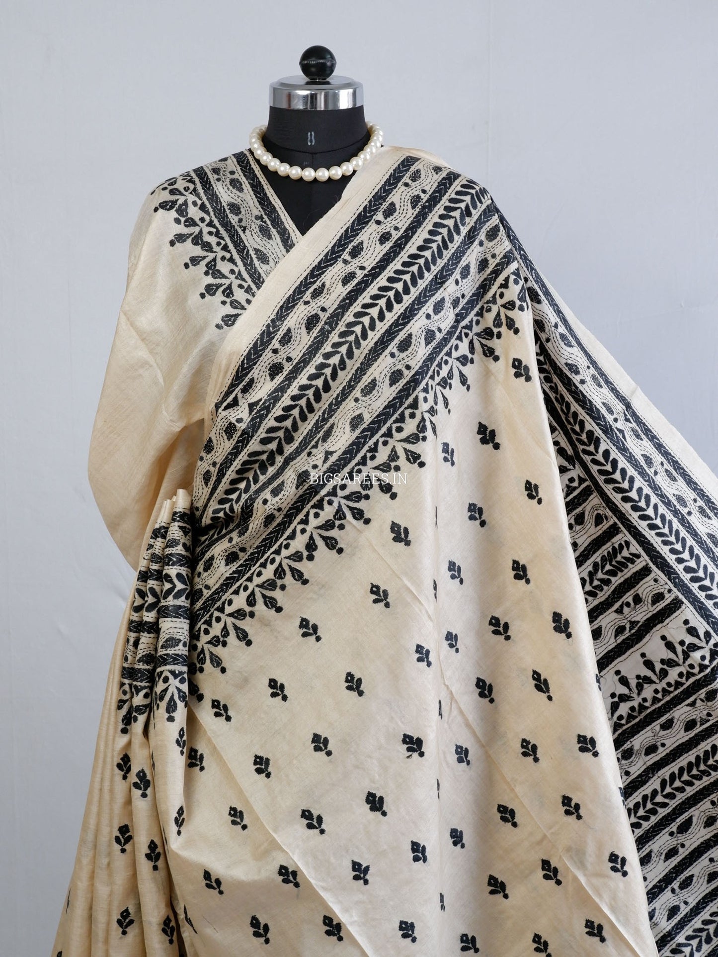 Kantha - Stitch Hand Embroidered Saree | Gachi Tussar Silk | Silk Marked | White / Black