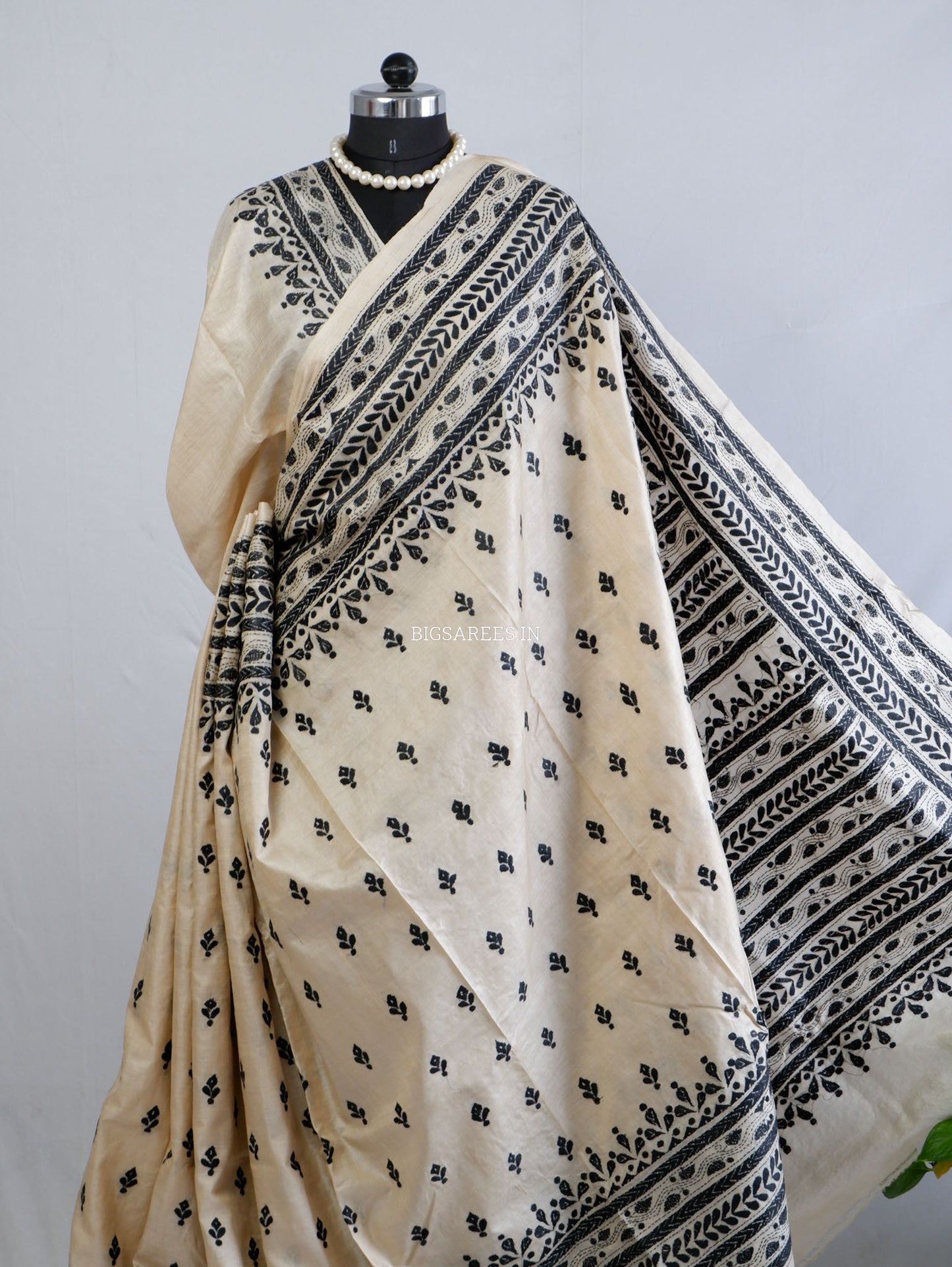 Kantha - Stitch Hand Embroidered Saree | Gachi Tussar Silk | Silk Marked | White / Black