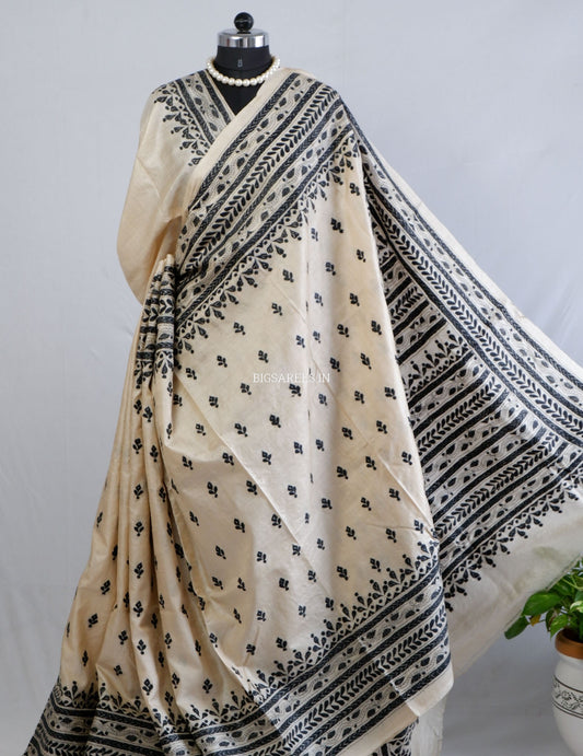 Kantha - Stitch Hand Embroidered Saree | Gachi Tussar Silk | Silk Marked | White / Black