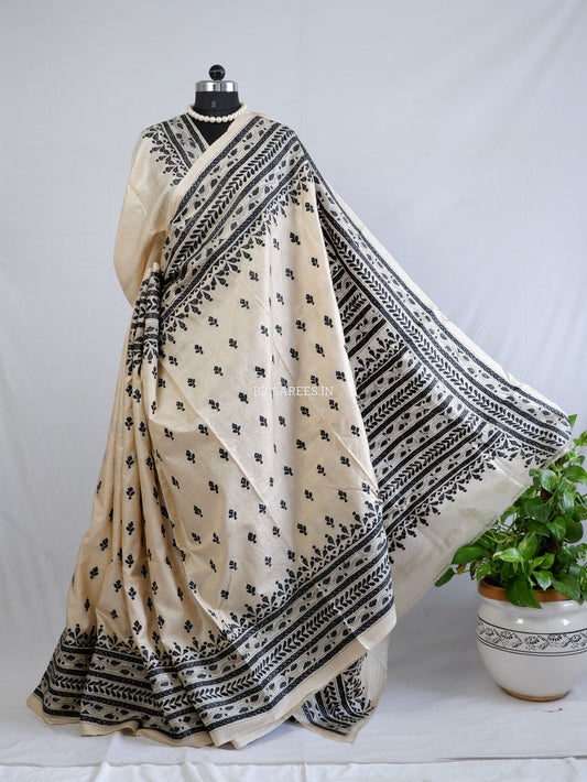 Kantha - Stitch Hand Embroidered Saree | Gachi Tussar Silk | Silk Marked | White / Black