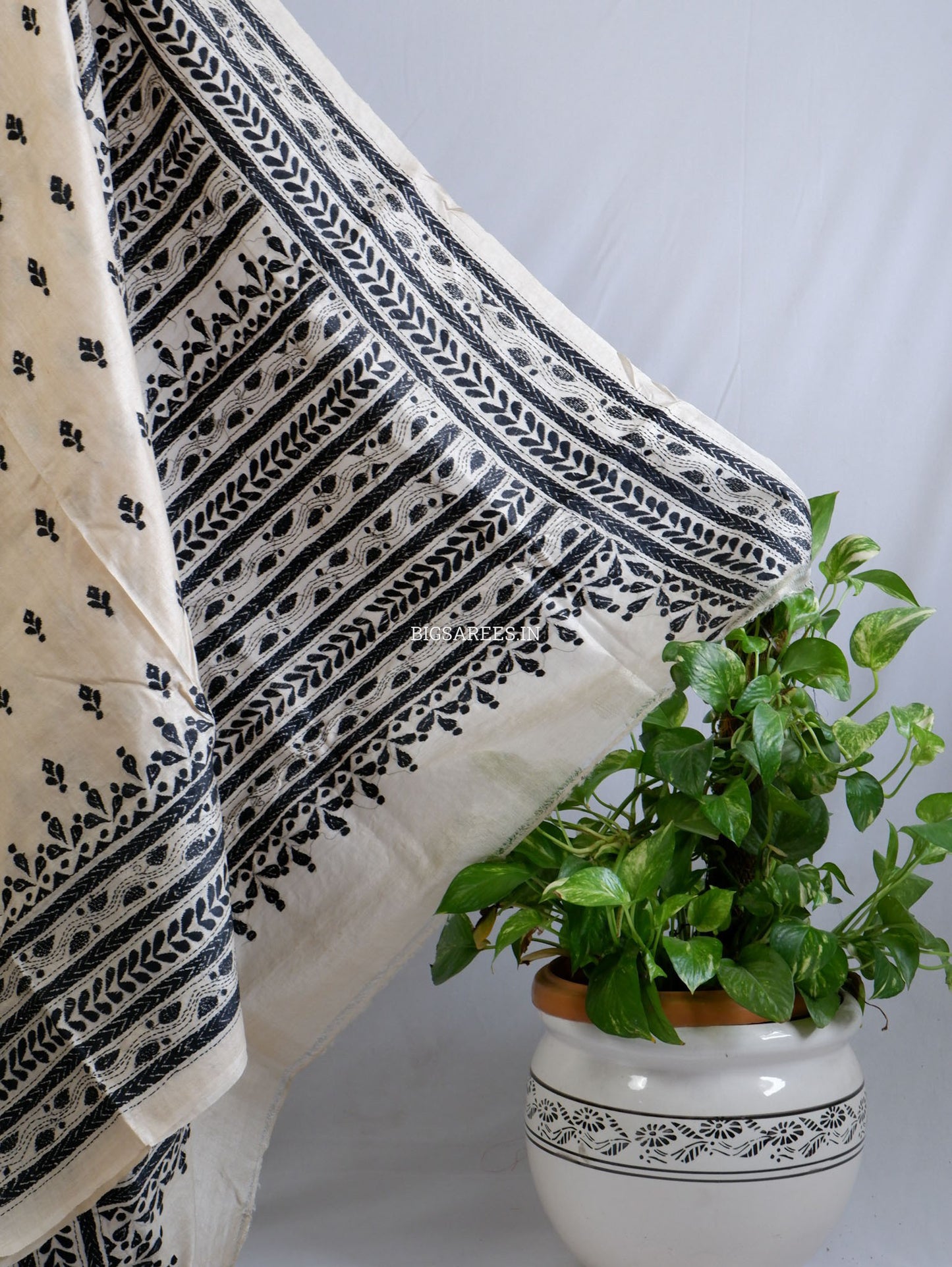 Kantha - Stitch Hand Embroidered Saree | Gachi Tussar Silk | Silk Marked | White / Black