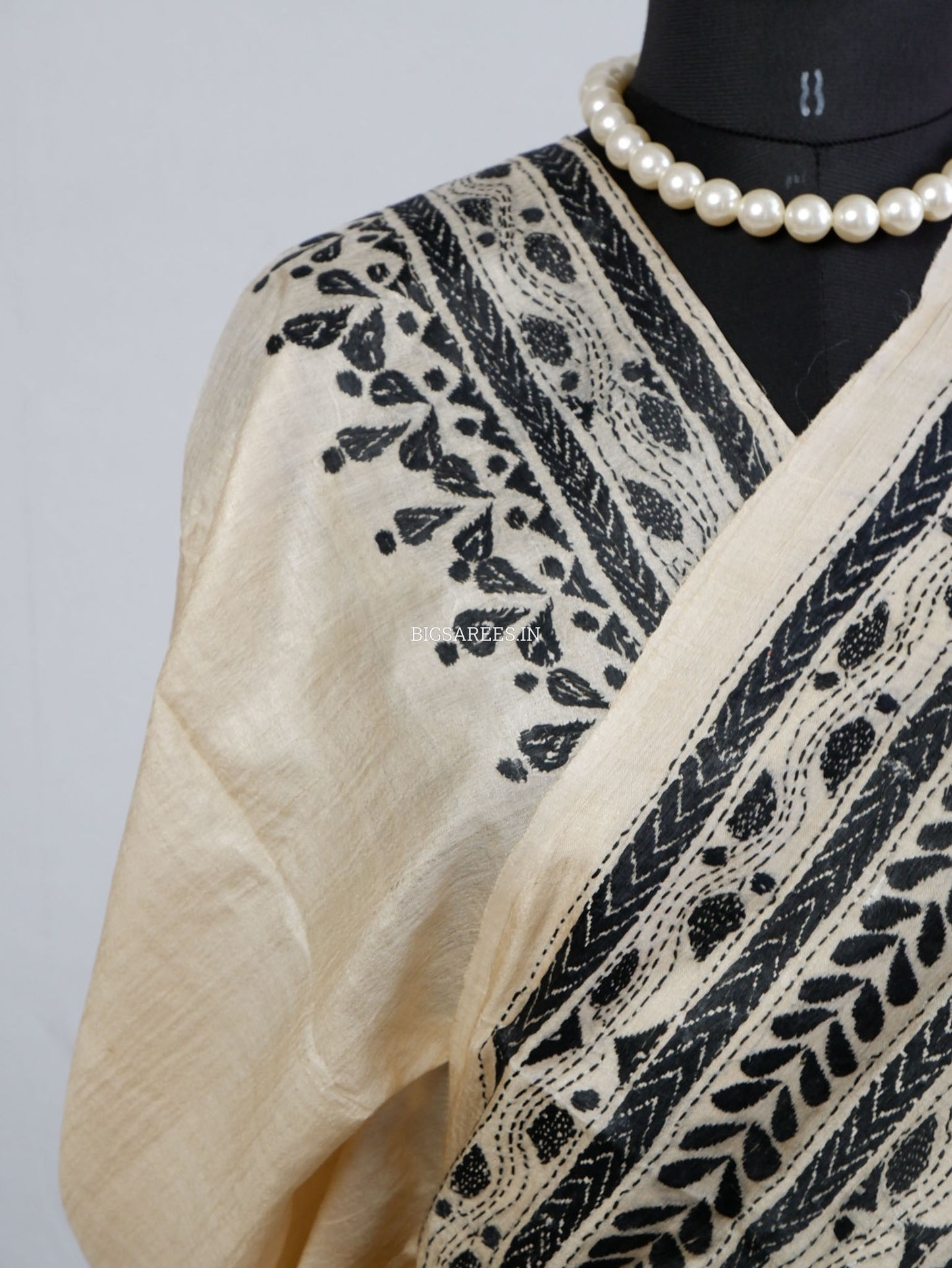 Kantha - Stitch Hand Embroidered Saree | Gachi Tussar Silk | Silk Marked | White / Black