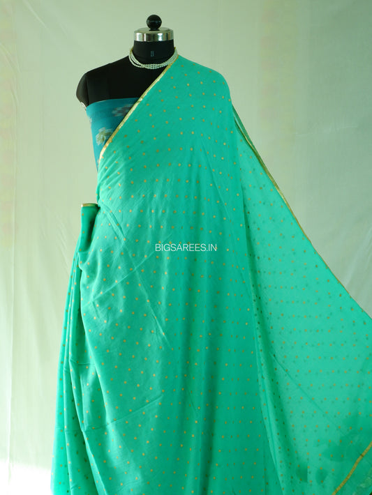 Polka Dot Saree With Blouse | Mul Cotton | Green Turquoise