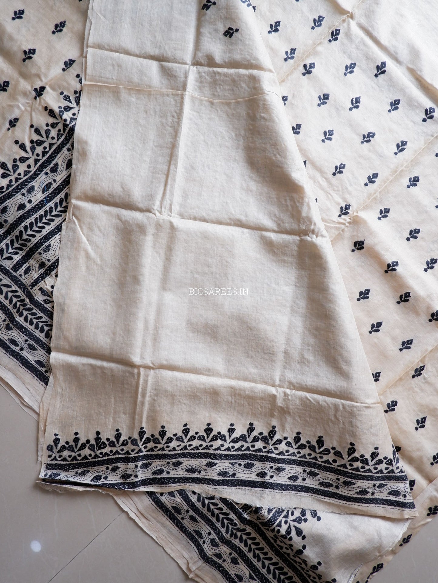 Kantha - Stitch Hand Embroidered Saree | Gachi Tussar Silk | Silk Marked | White / Black