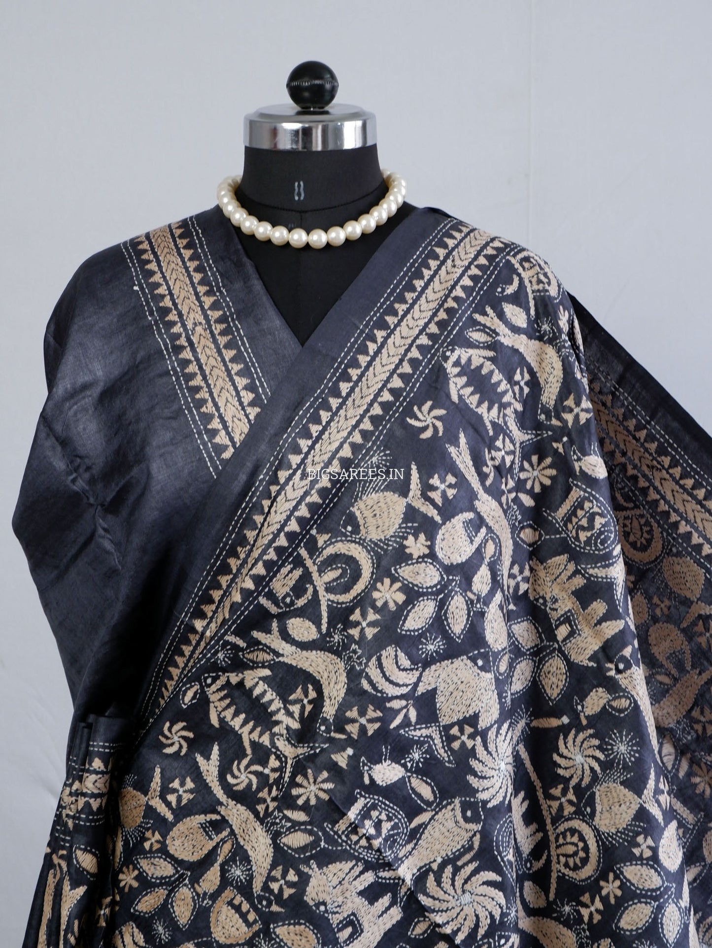 Kantha Stitch Hand Embroidered Saree | Pure Tussar Silk | Silk Mark Certified | Black