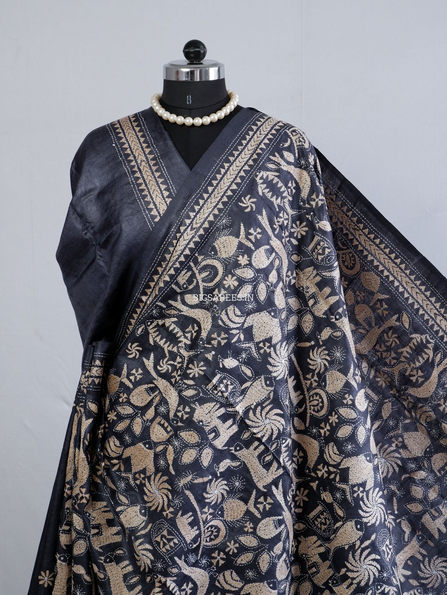 Kantha Stitch Hand Embroidered Saree | Pure Tussar Silk | Silk Mark Certified | Black