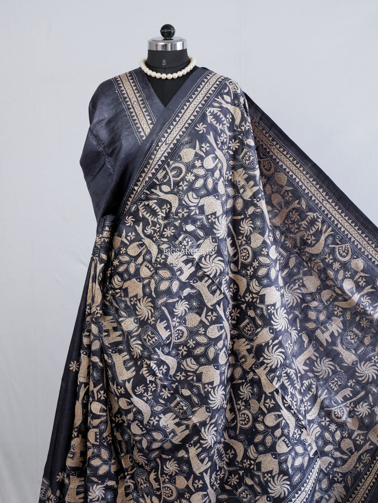 Kantha Stitch Hand Embroidered Saree | Pure Tussar Silk | Silk Mark Certified | Black