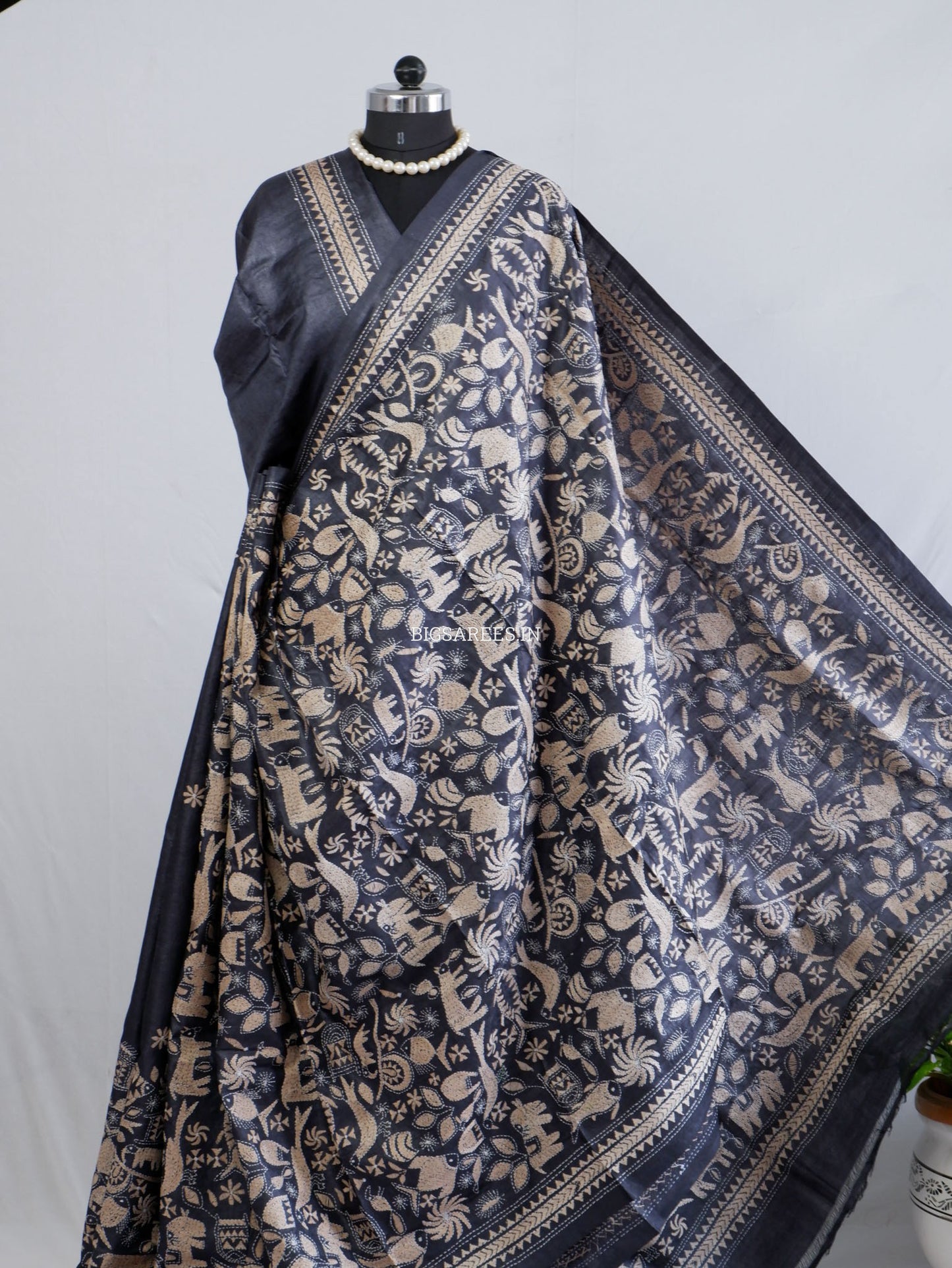 Kantha Stitch Hand Embroidered Saree | Pure Tussar Silk | Silk Mark Certified | Black