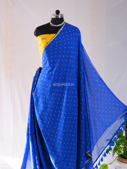 Polka Dot Saree With Blouse | Mul Cotton | Dark Blue