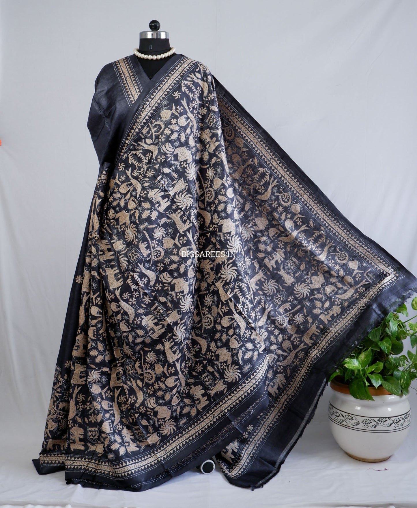 Kantha Stitch Hand Embroidered Saree | Pure Tussar Silk | Silk Mark Certified | Black