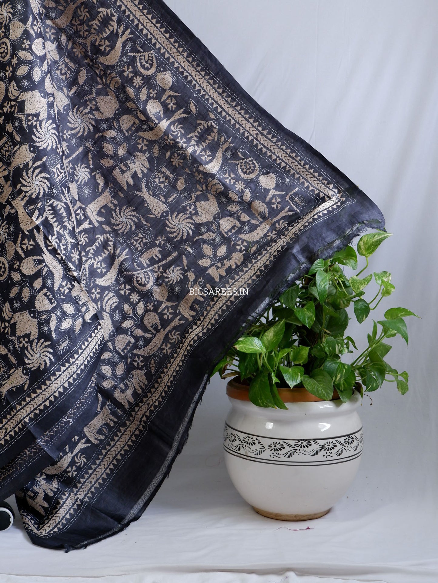 Kantha Stitch Hand Embroidered Saree | Pure Tussar Silk | Silk Mark Certified | Black