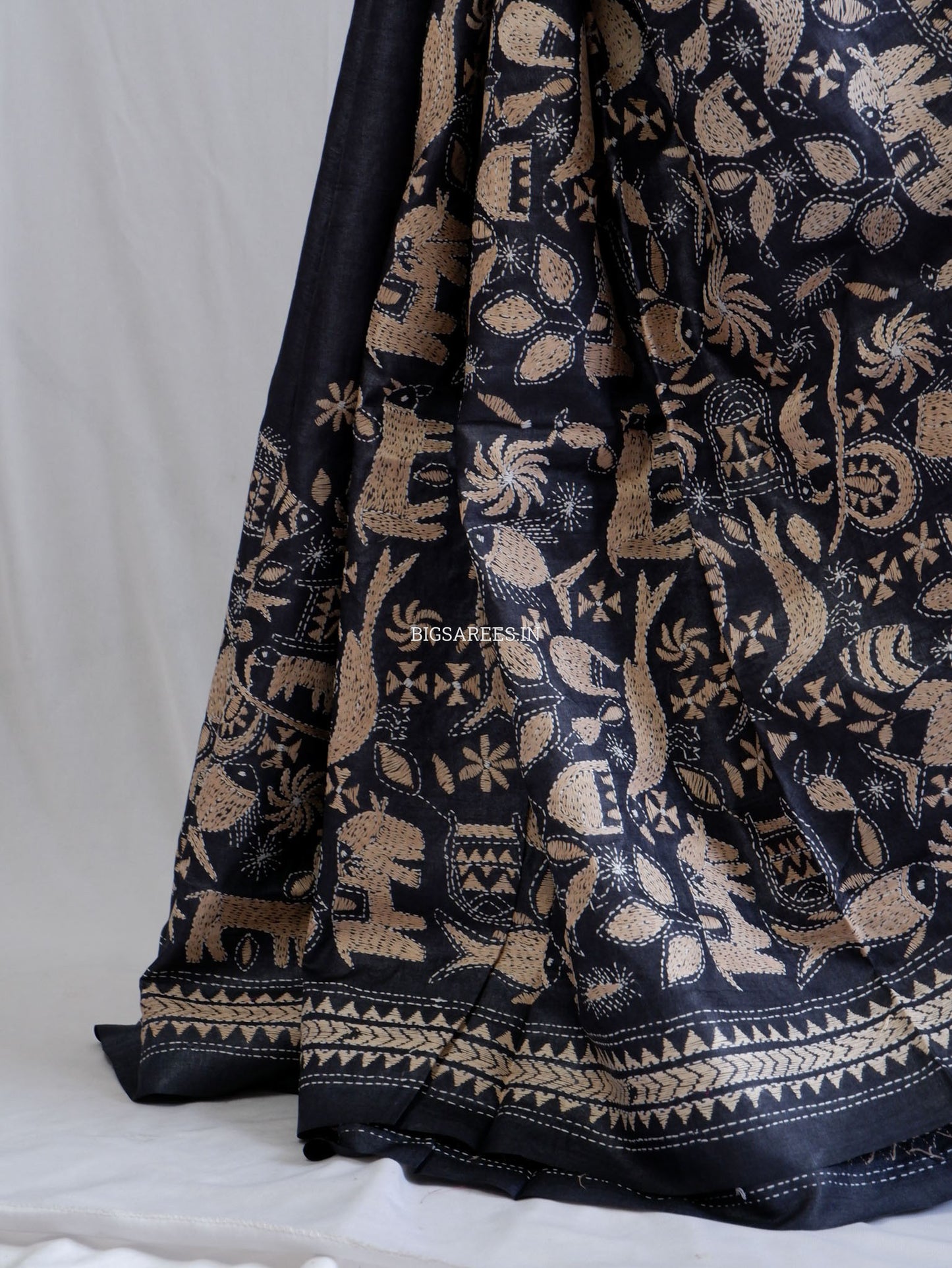 Kantha Stitch Hand Embroidered Saree | Pure Tussar Silk | Silk Mark Certified | Black