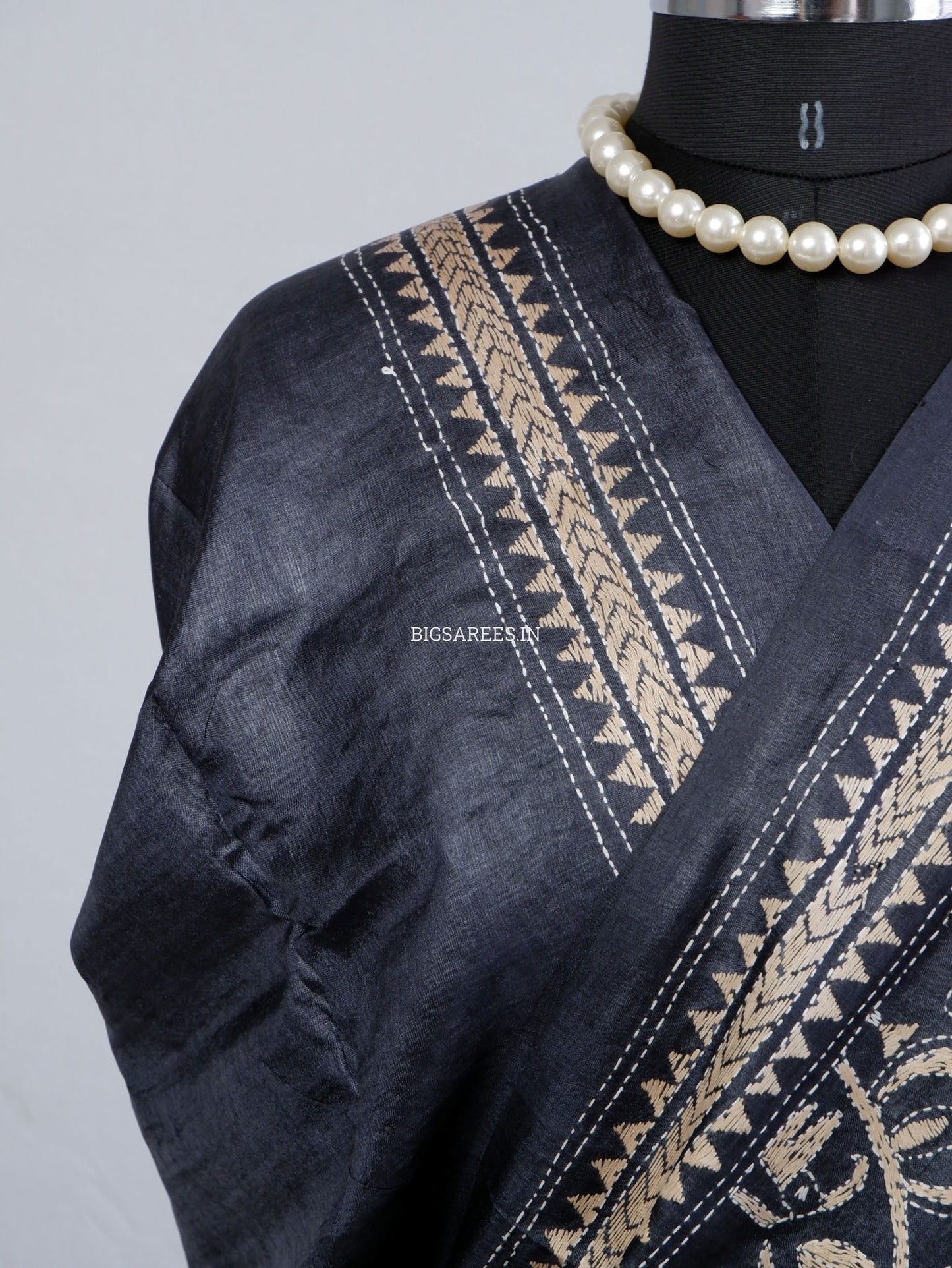 Kantha Stitch Hand Embroidered Saree | Pure Tussar Silk | Silk Mark Certified | Black