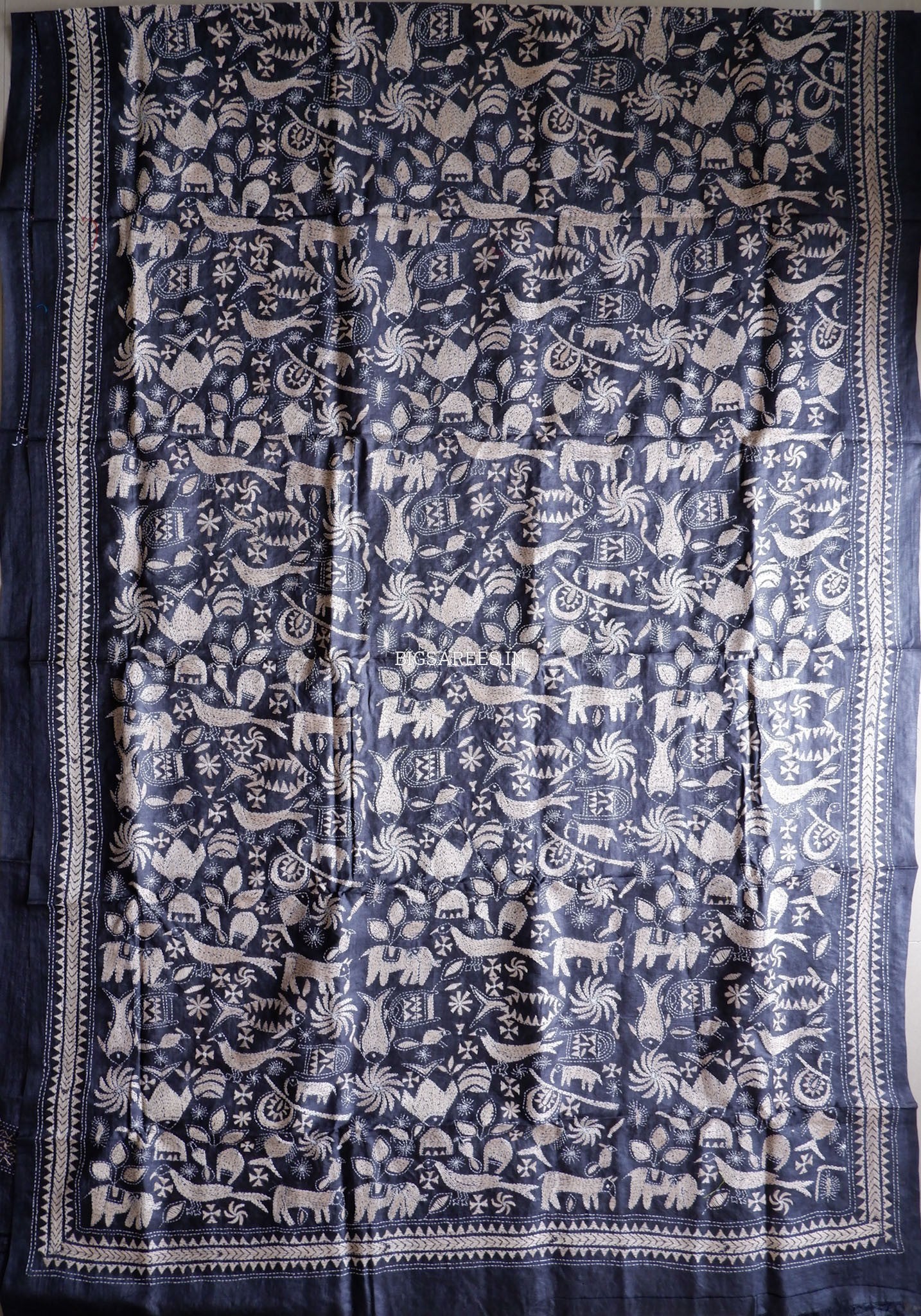 Kantha Stitch Hand Embroidered Saree | Pure Tussar Silk | Silk Mark Certified | Black