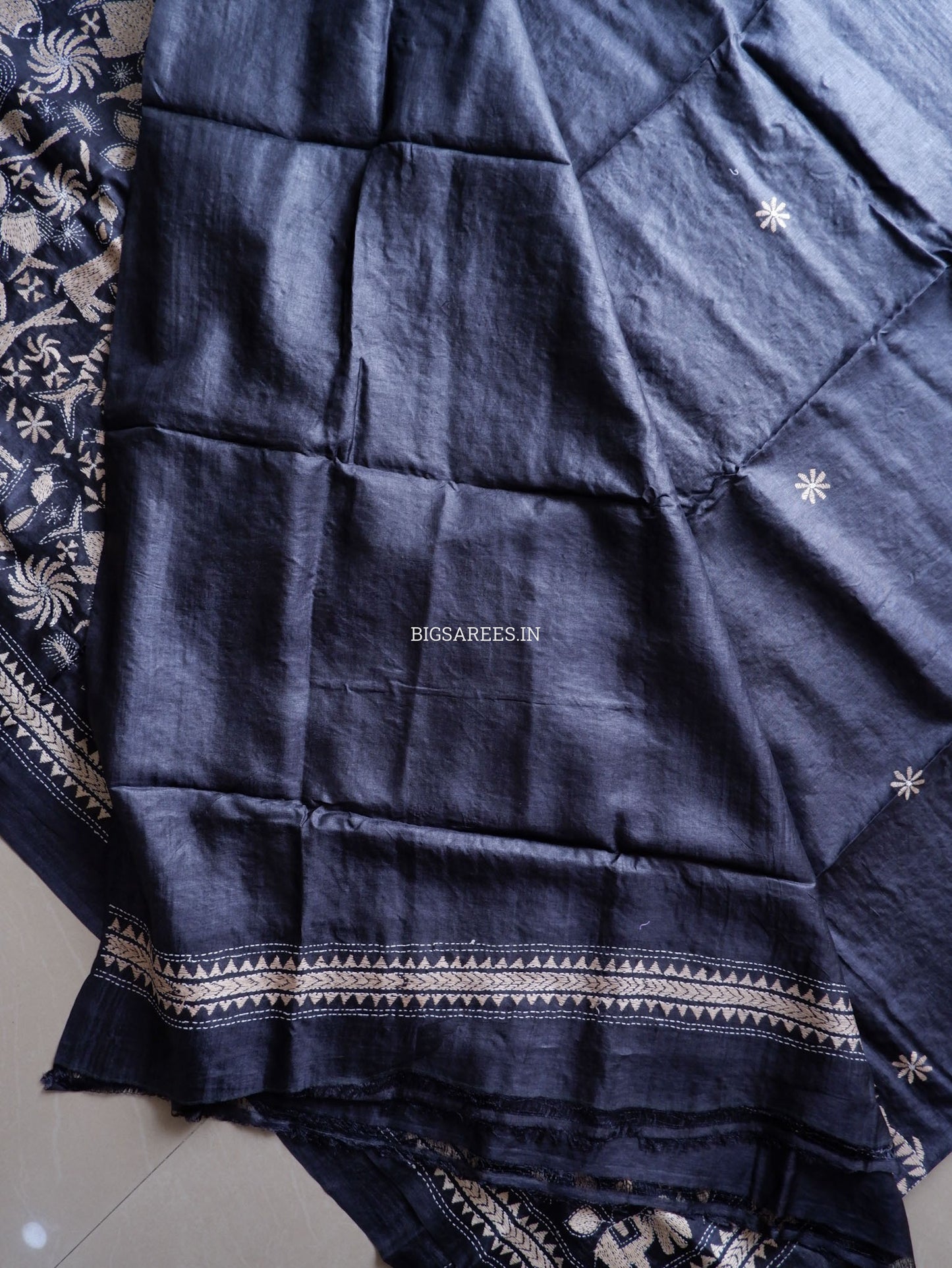 Kantha Stitch Hand Embroidered Saree | Pure Tussar Silk | Silk Mark Certified | Black
