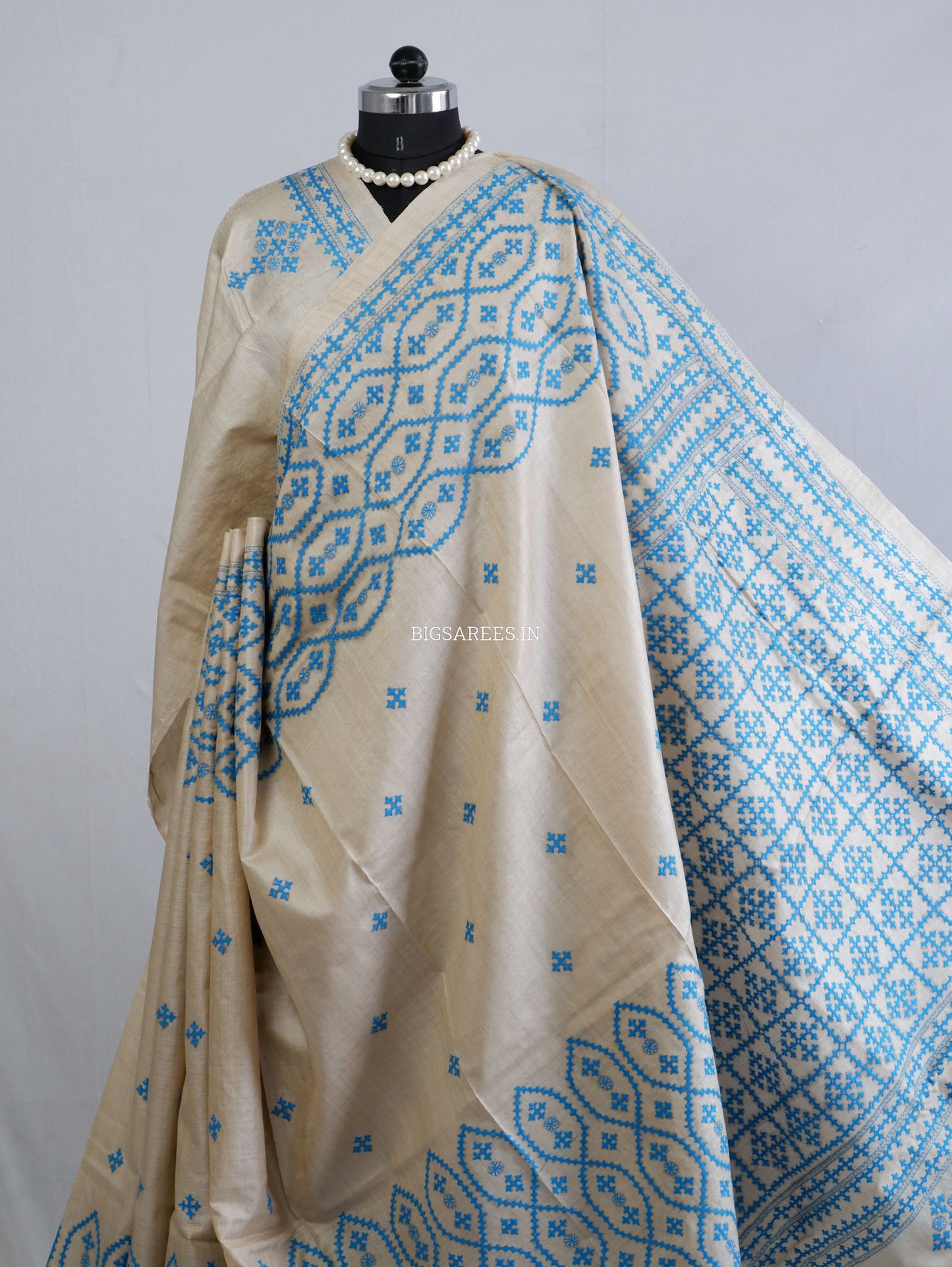 Kutchi Hand Embroidered Saree | Tassar Silk | Silk Marked | Off White