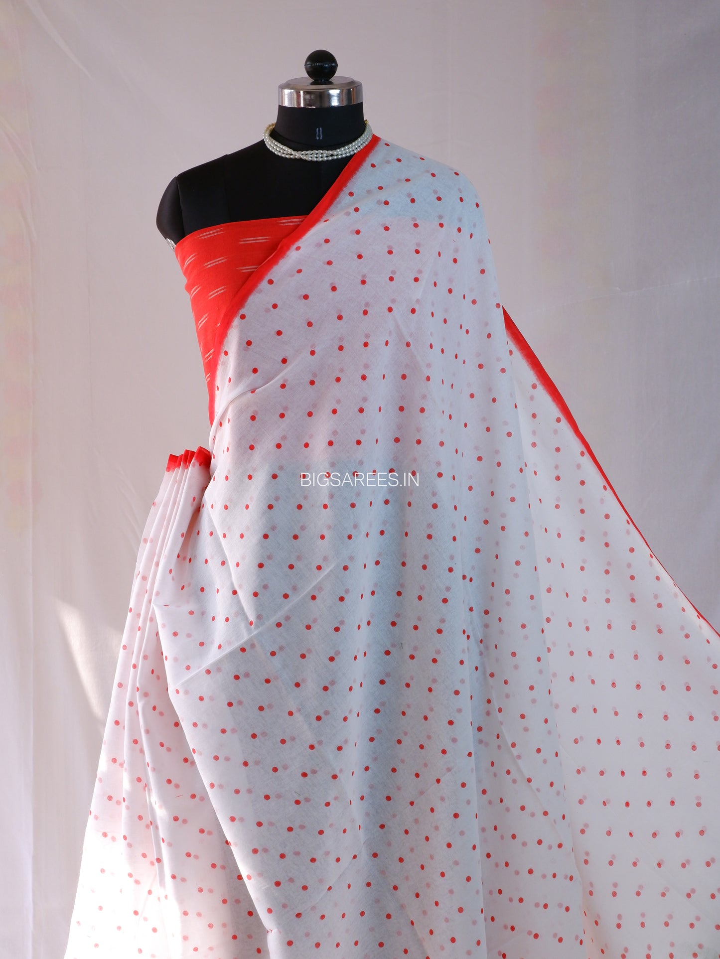 Polka Dot Saree With Blouse | Mul Cotton | White