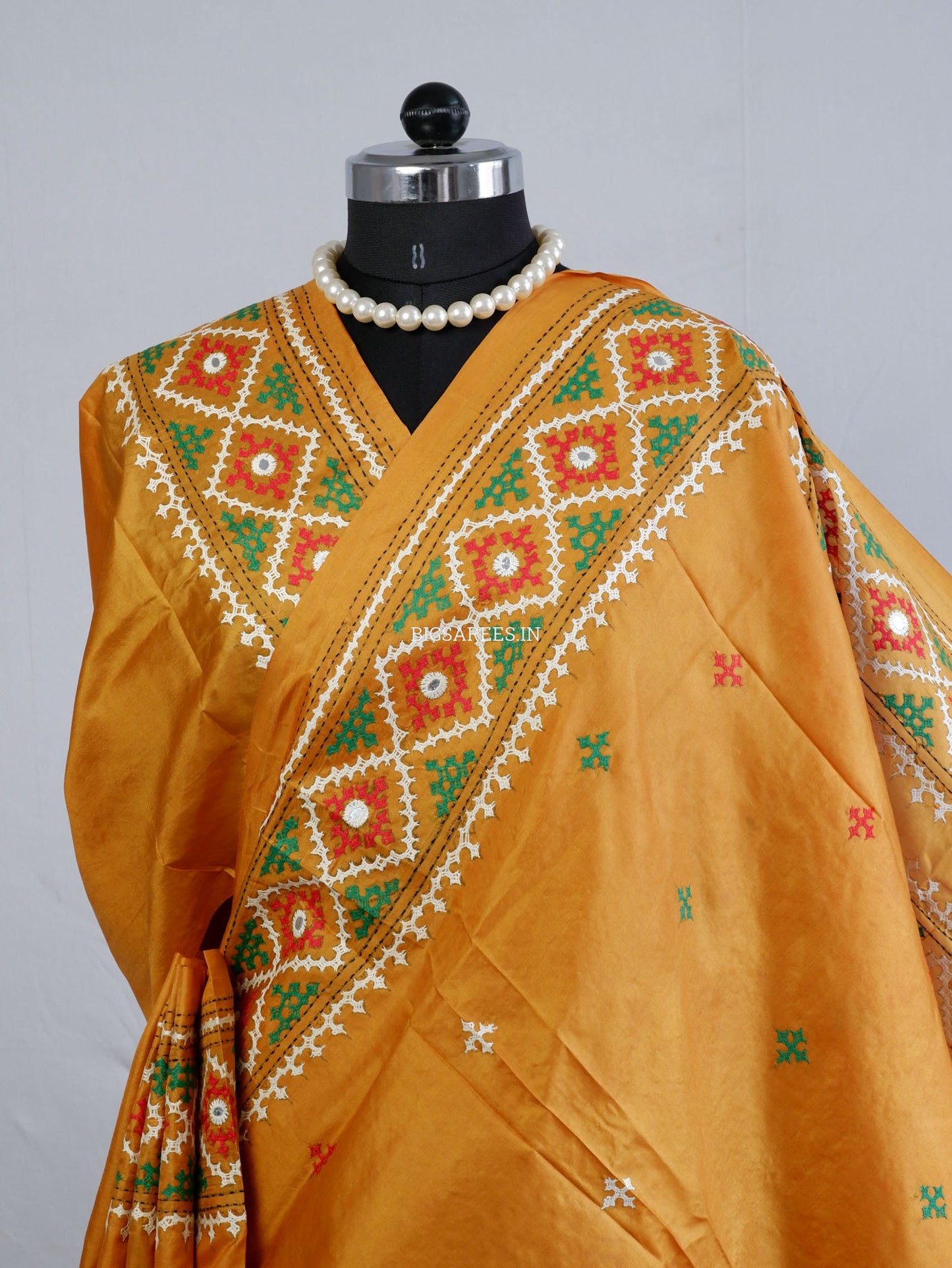 Kutch Hand Embroidered Saree| Pure Bangalore Silk | Mustard Yellow
