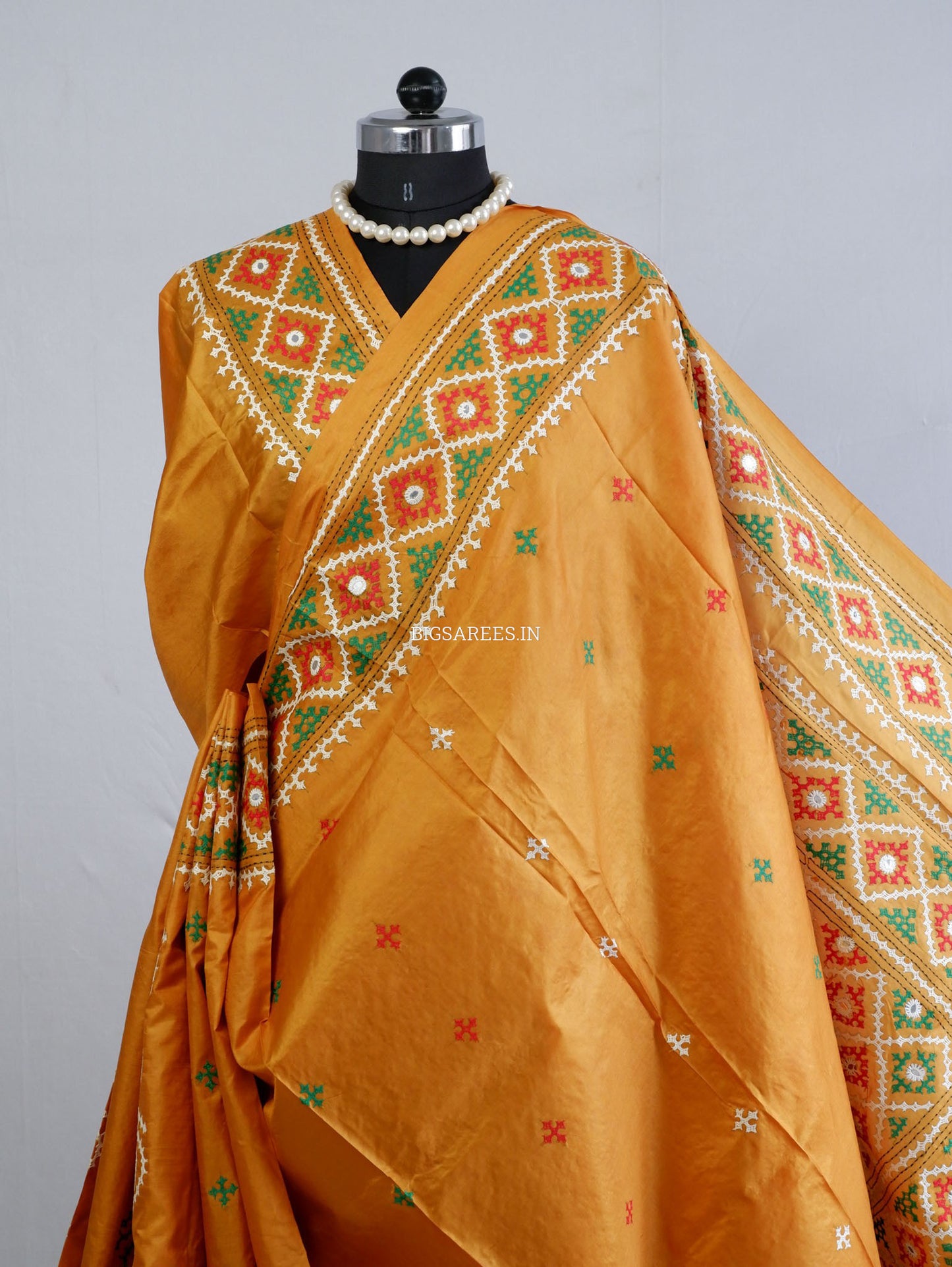 Kutch Hand Embroidered Saree| Pure Bangalore Silk | Mustard Yellow