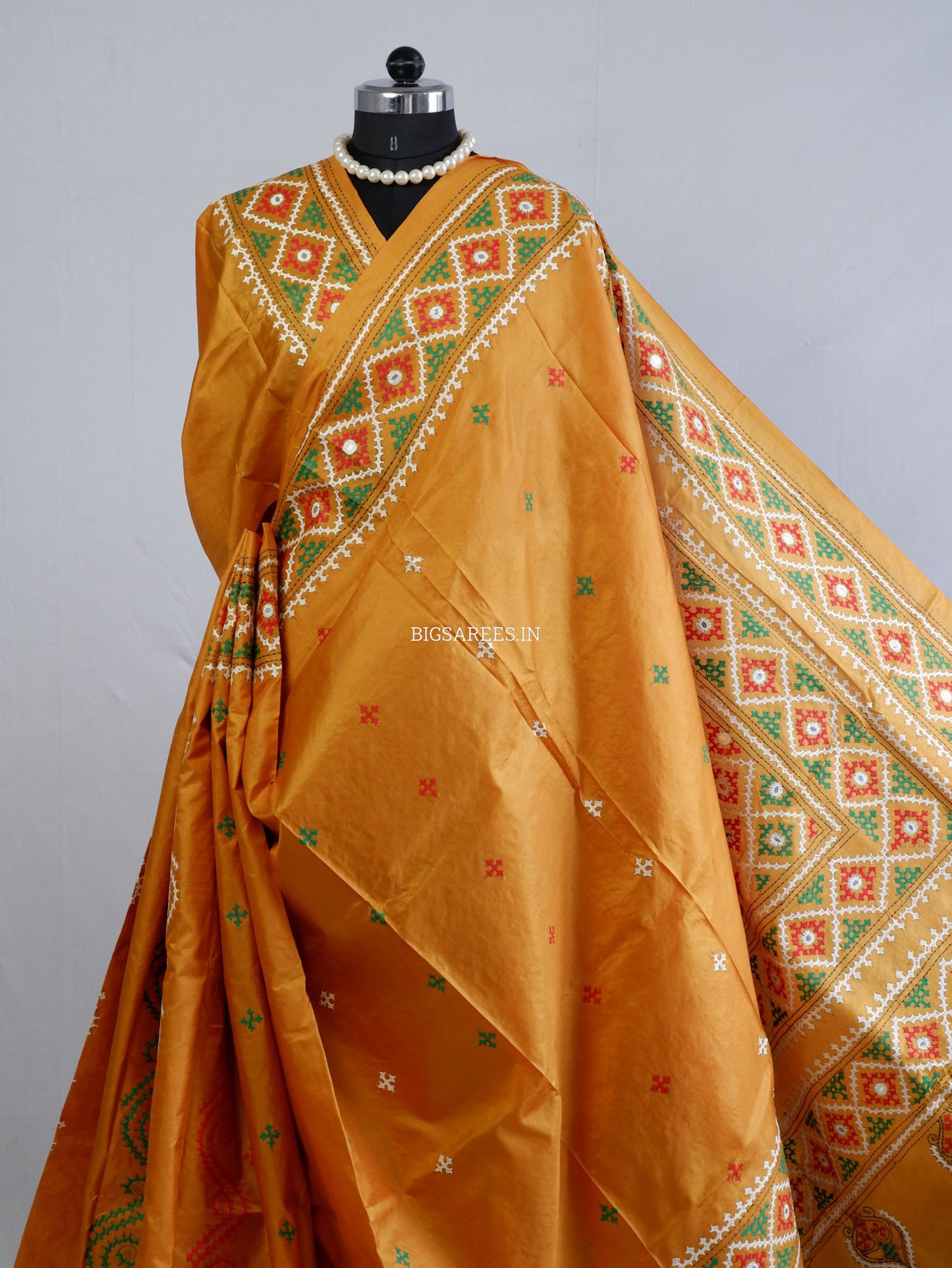 Kutch Hand Embroidered Saree| Pure Bangalore Silk | Mustard Yellow