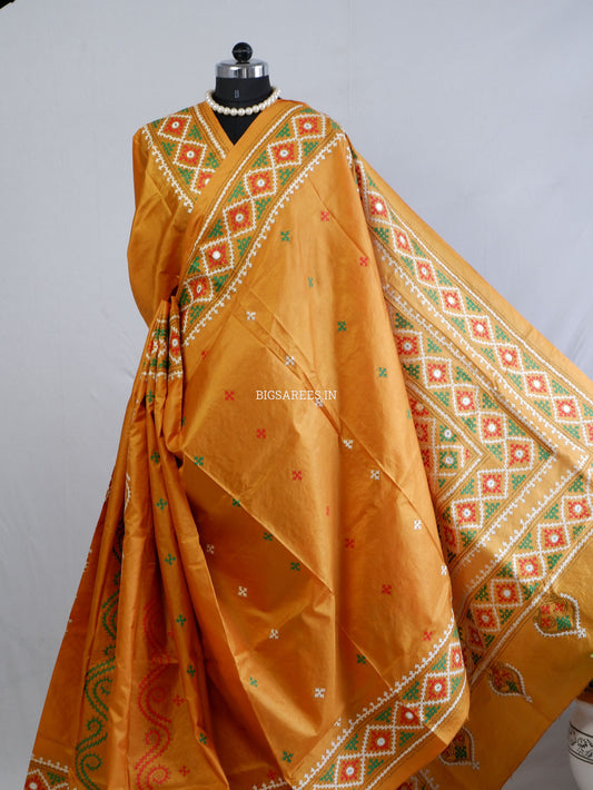 Kutch Hand Embroidered Saree| Pure Bangalore Silk | Mustard Yellow