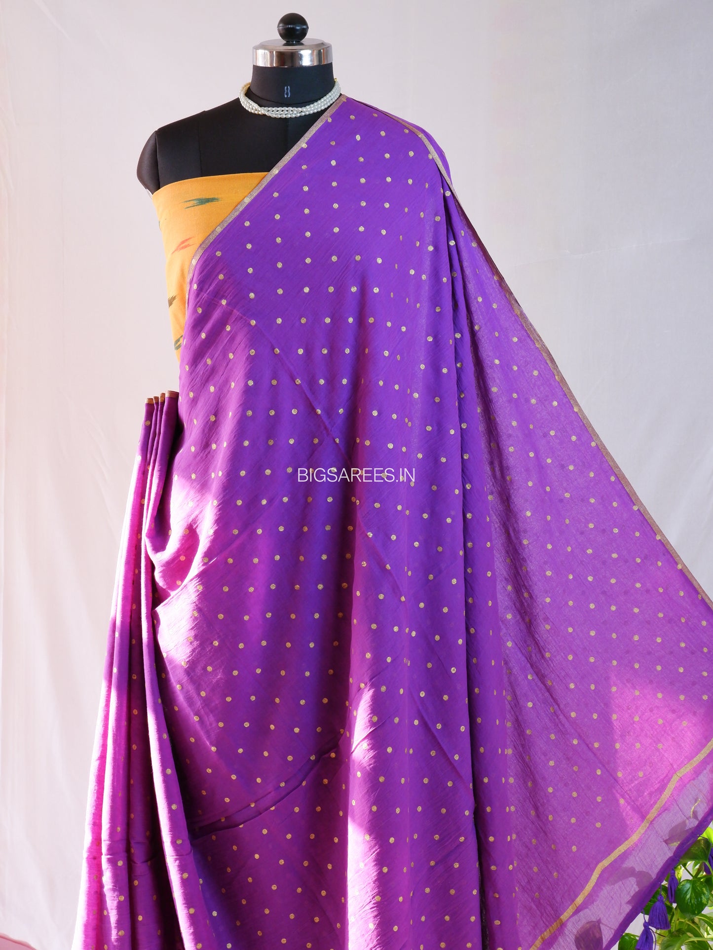 Polka Dot Saree With Blouse | Mul Cotton | Purple